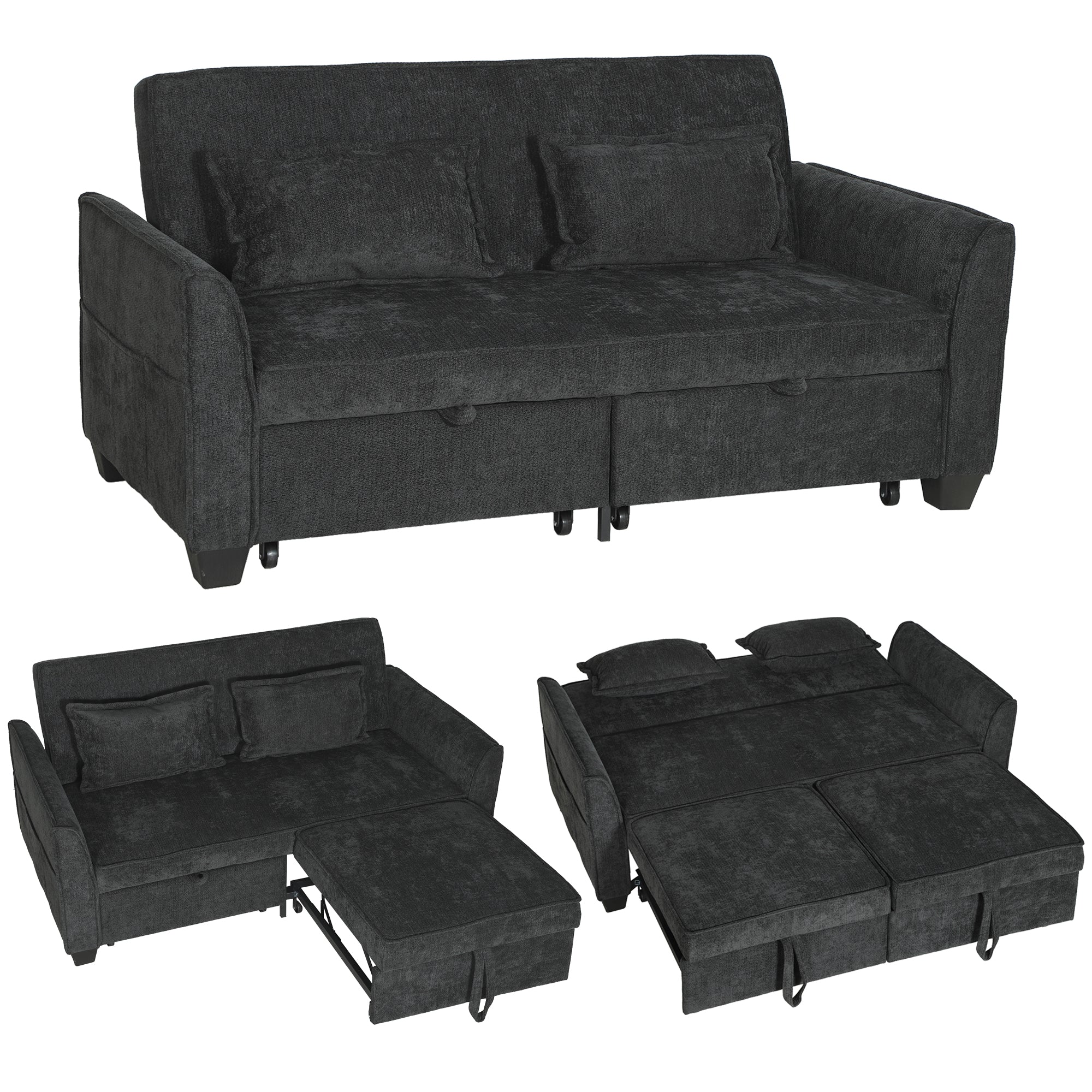 2 Seater Sofa Bed, 4-in-1 L Shaped Convertible Pull Out Sleeper Sofa with Adjustable Backrest, Chenille Loveseat with 2 Pillows, Wide Deep Seat, Side Pockets for Living Room, Black