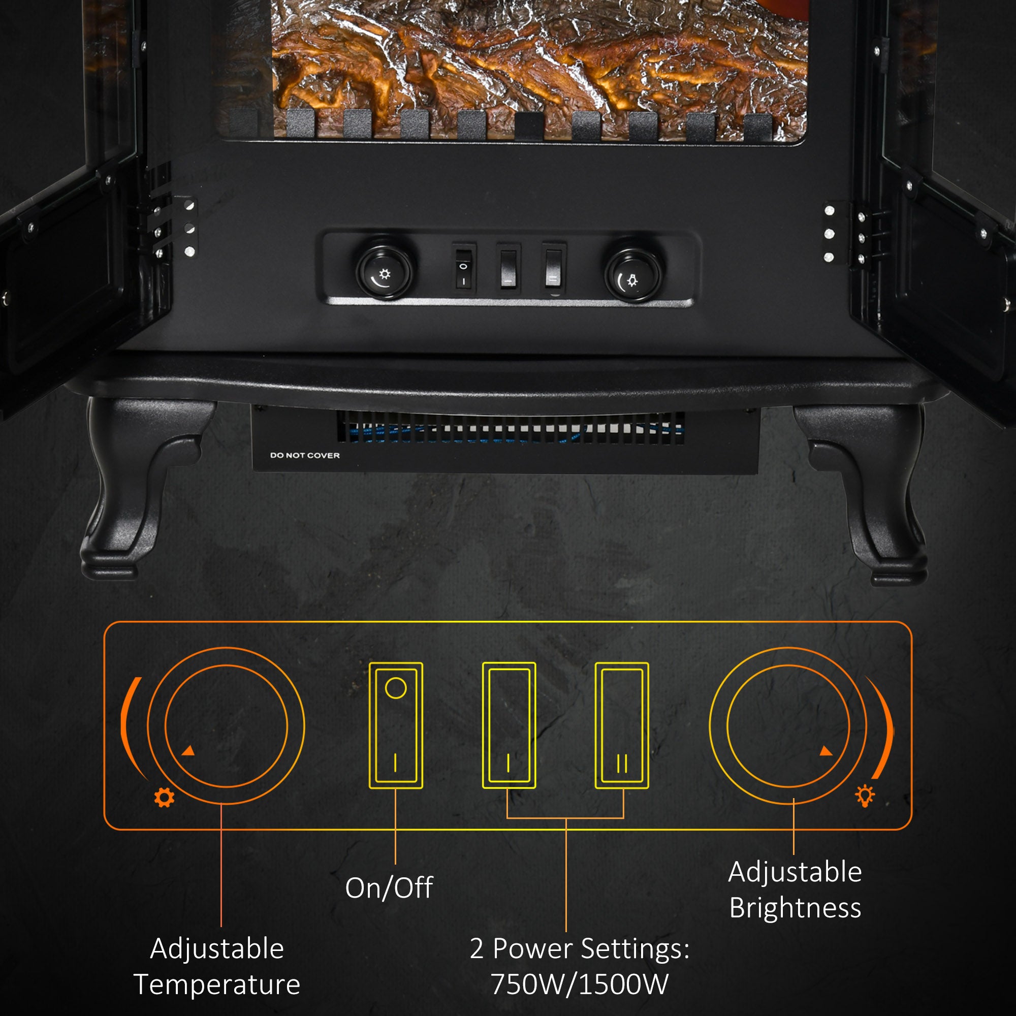 Electric Fireplace Heater Freestanding Fireplace Stove with LED Fire Flame Effect, Double Door with Overheat Protection, 750W/1500W, Black