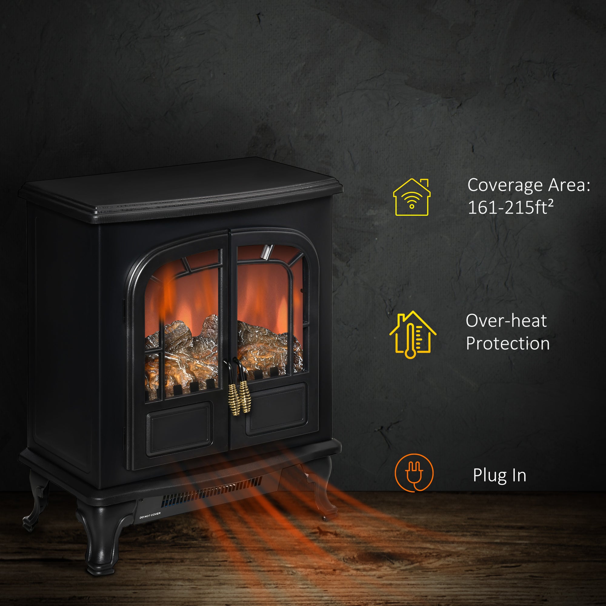 Electric Fireplace Heater Freestanding Fireplace Stove with LED Fire Flame Effect, Double Door with Overheat Protection, 750W/1500W, Black