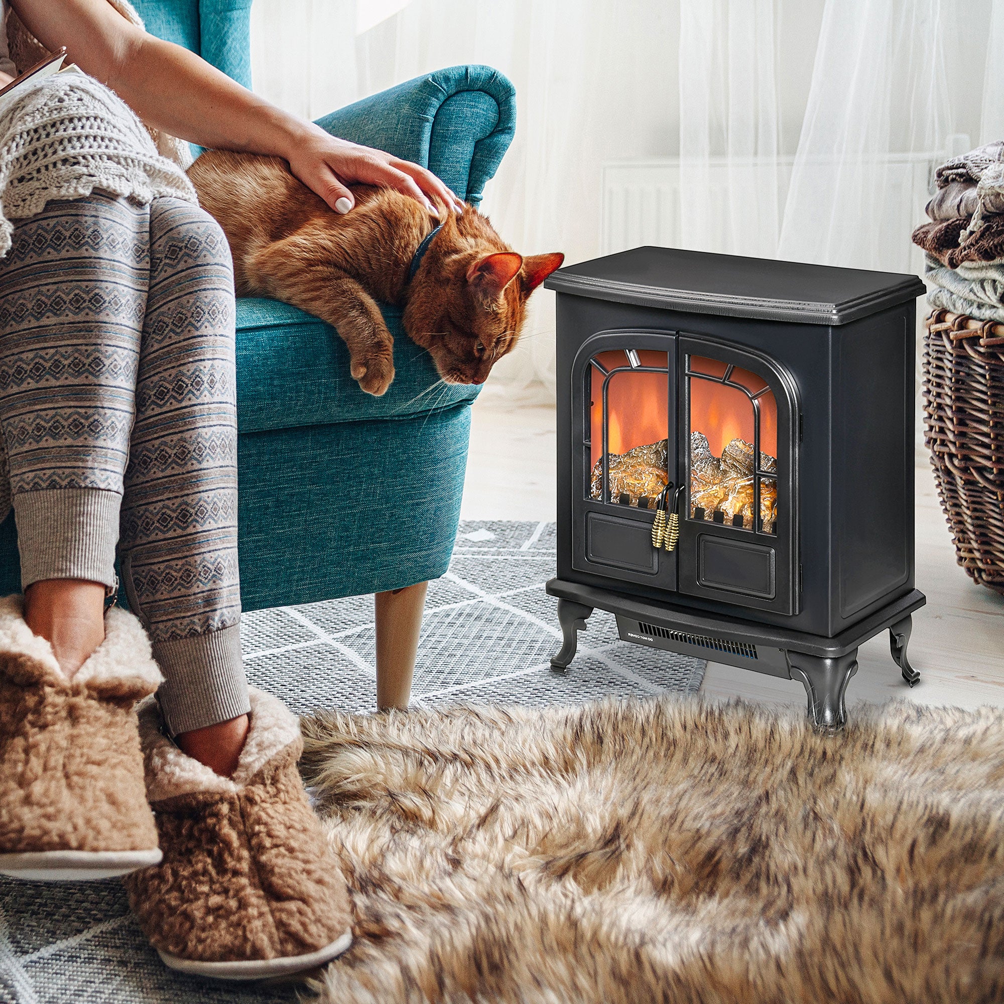 Electric Fireplace Heater Freestanding Fireplace Stove with LED Fire Flame Effect, Double Door with Overheat Protection, 750W/1500W, Black