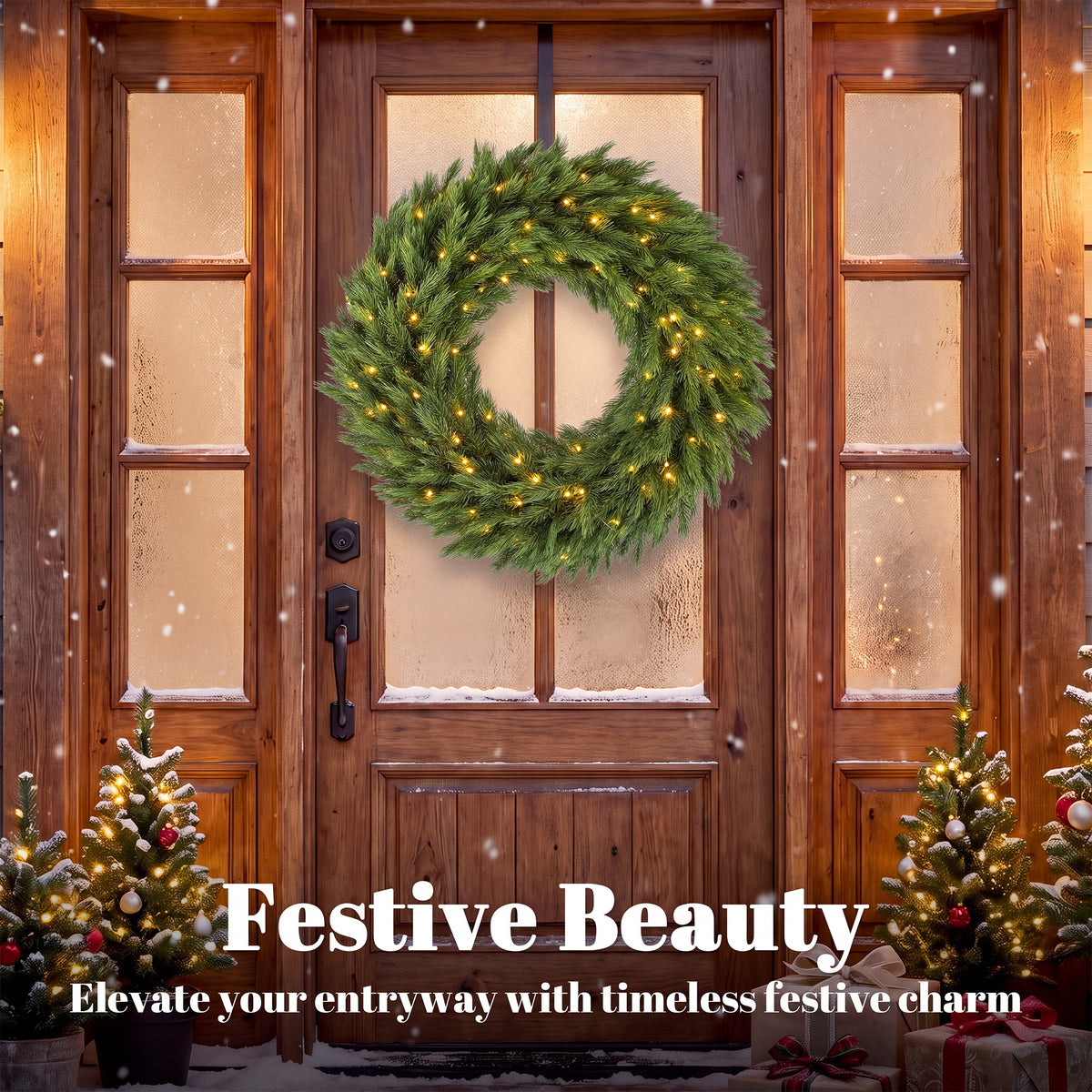 36 in Pre-Lit Norwegian Spruce Artificial Christmas Wreath, Christmas Decoration with 100 LED Lights, 450 Branch Tips, All-PE Leaves for Door, Indoor Covered Outdoor, Green