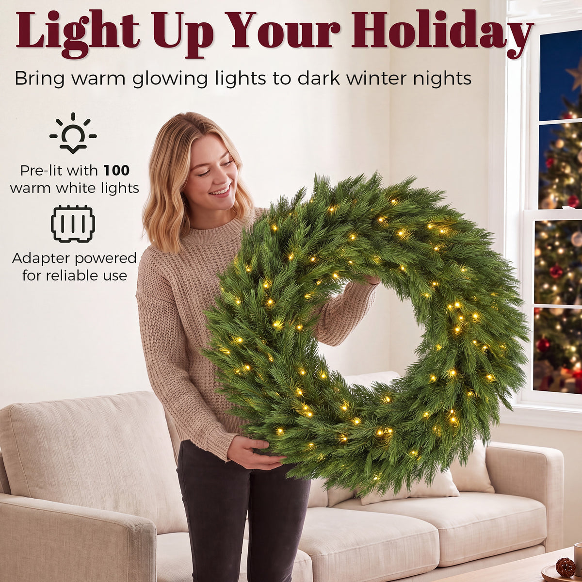 36 in Pre-Lit Norwegian Spruce Artificial Christmas Wreath, Christmas Decoration with 100 LED Lights, 450 Branch Tips, All-PE Leaves for Door, Indoor Covered Outdoor, Green