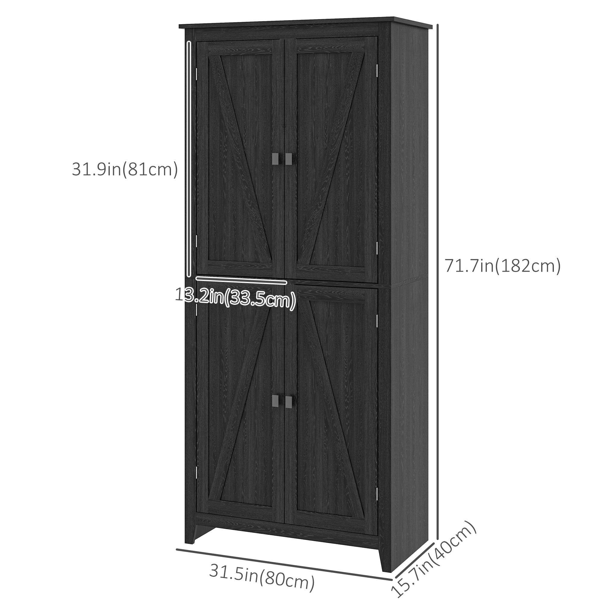 HOMCOM 72" Farmhouse Kitchen Pantry Cabinet, Kitchen Pantry Storage Cabinet with 4 Barn Doors and Adjustable Shelves, Black