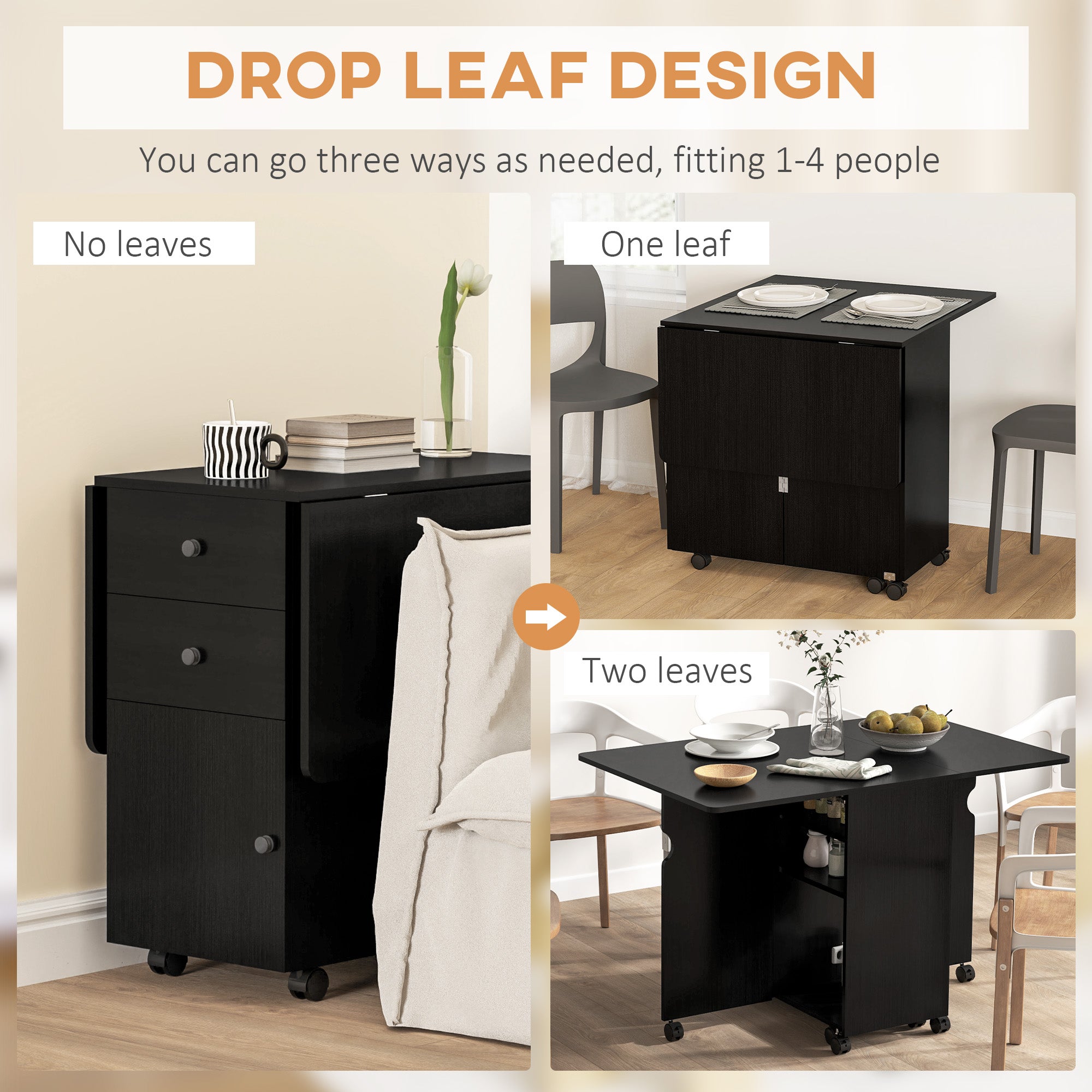 HOMCOM Folding Dining Table, Drop Leaf Table for Small Spaces with 2 Drawers, Cabinet and 6 Wheels, Small Kitchen Table, Black Wood Grain