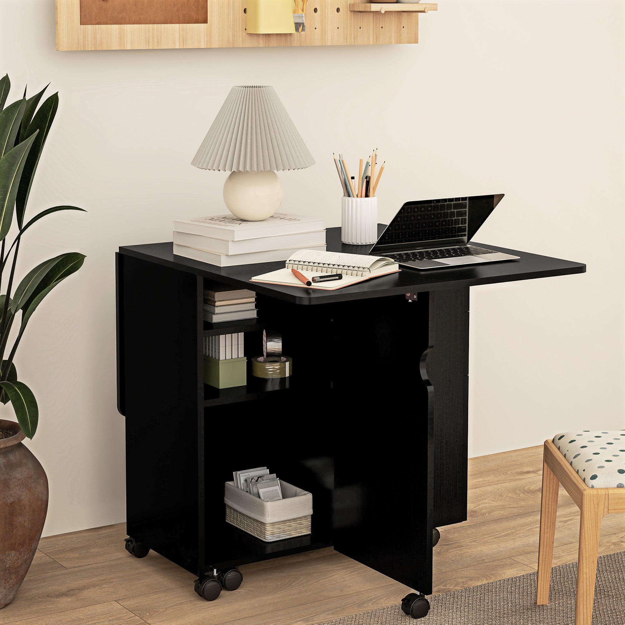 HOMCOM Folding Dining Table, Drop Leaf Table for Small Spaces with 2 Drawers, Cabinet and 6 Wheels, Small Kitchen Table, Black Wood Grain