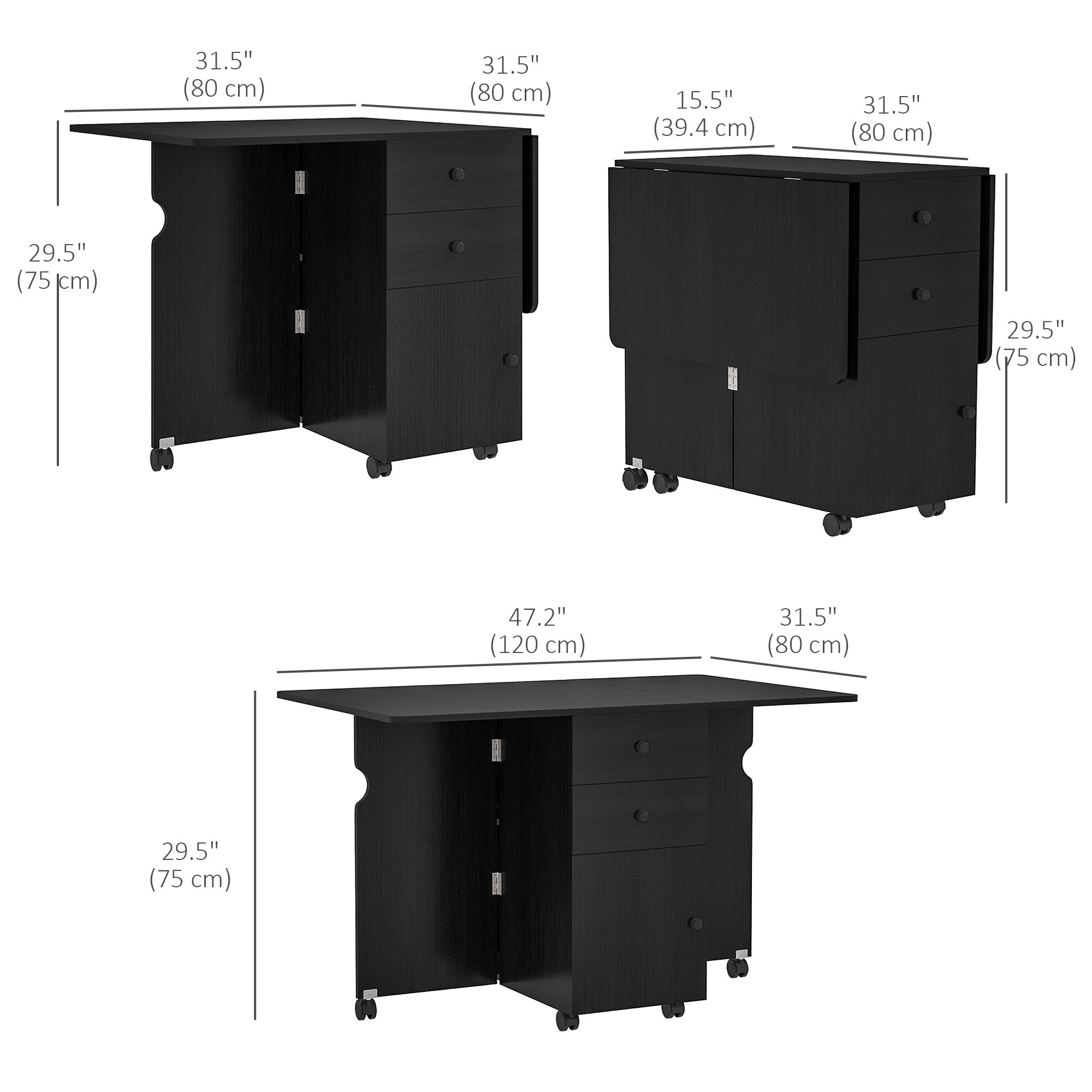 HOMCOM Folding Dining Table, Drop Leaf Table for Small Spaces with 2 Drawers, Cabinet and 6 Wheels, Small Kitchen Table, Black Wood Grain