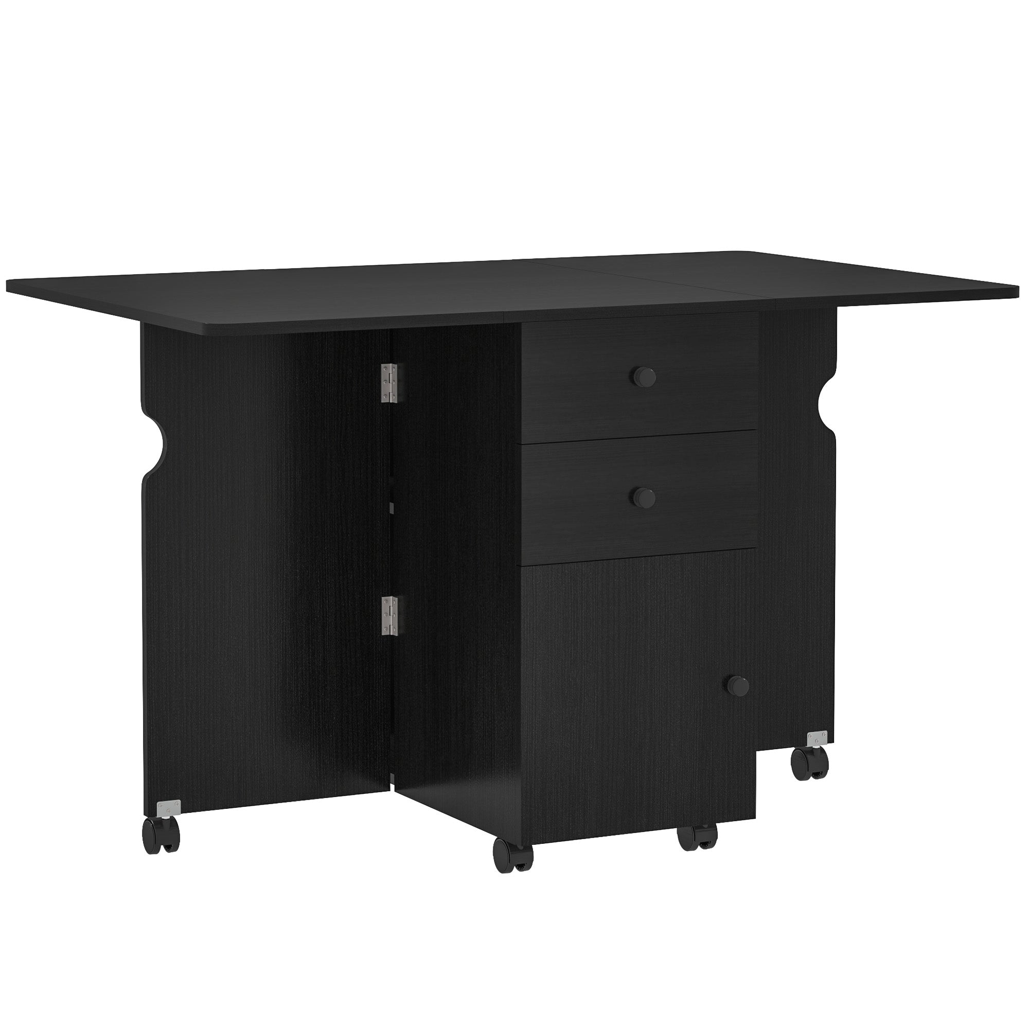 HOMCOM Folding Dining Table, Drop Leaf Table for Small Spaces with 2 Drawers, Cabinet and 6 Wheels, Small Kitchen Table, Black Wood Grain