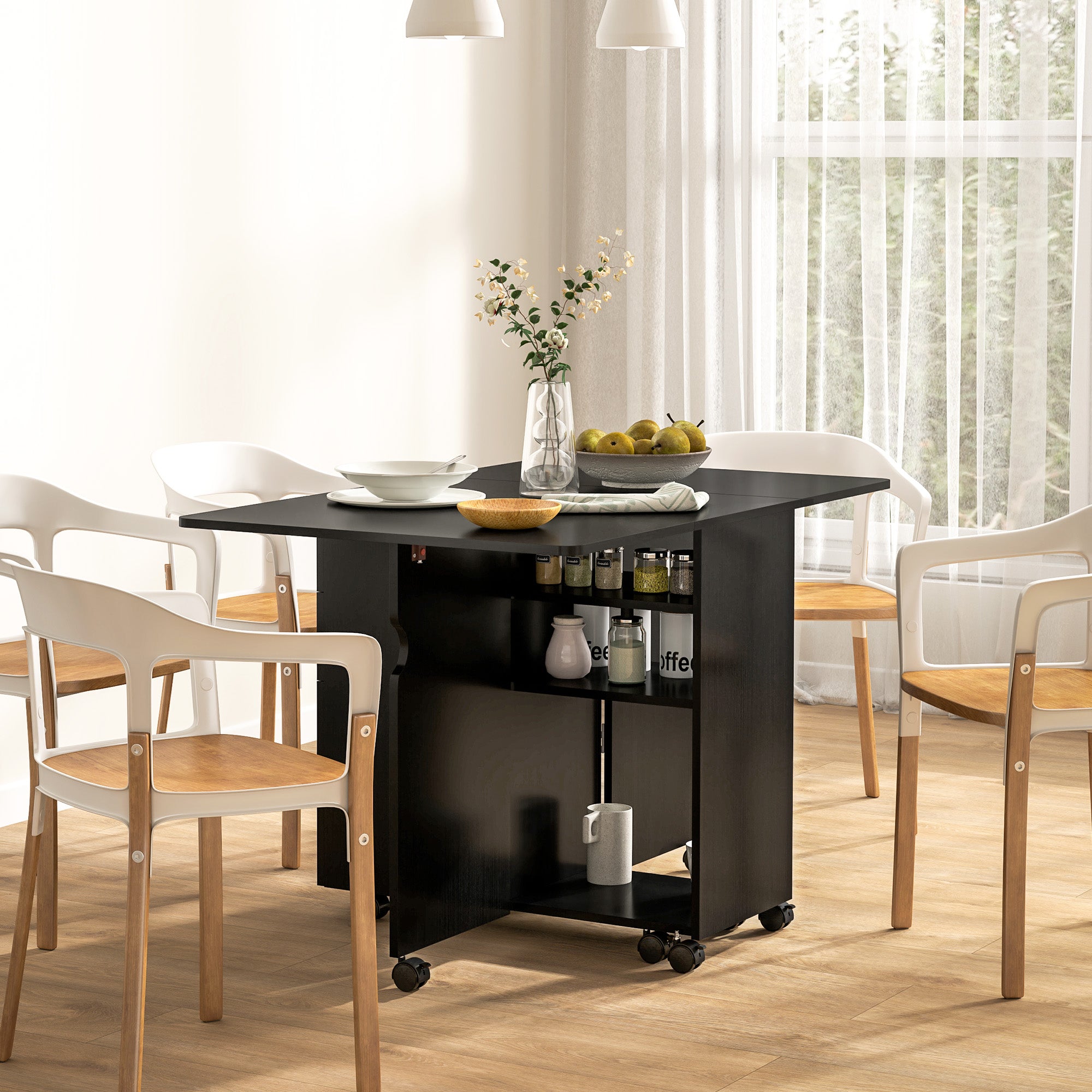 HOMCOM Folding Dining Table, Drop Leaf Table for Small Spaces with 2 Drawers, Cabinet and 6 Wheels, Small Kitchen Table, Black Wood Grain