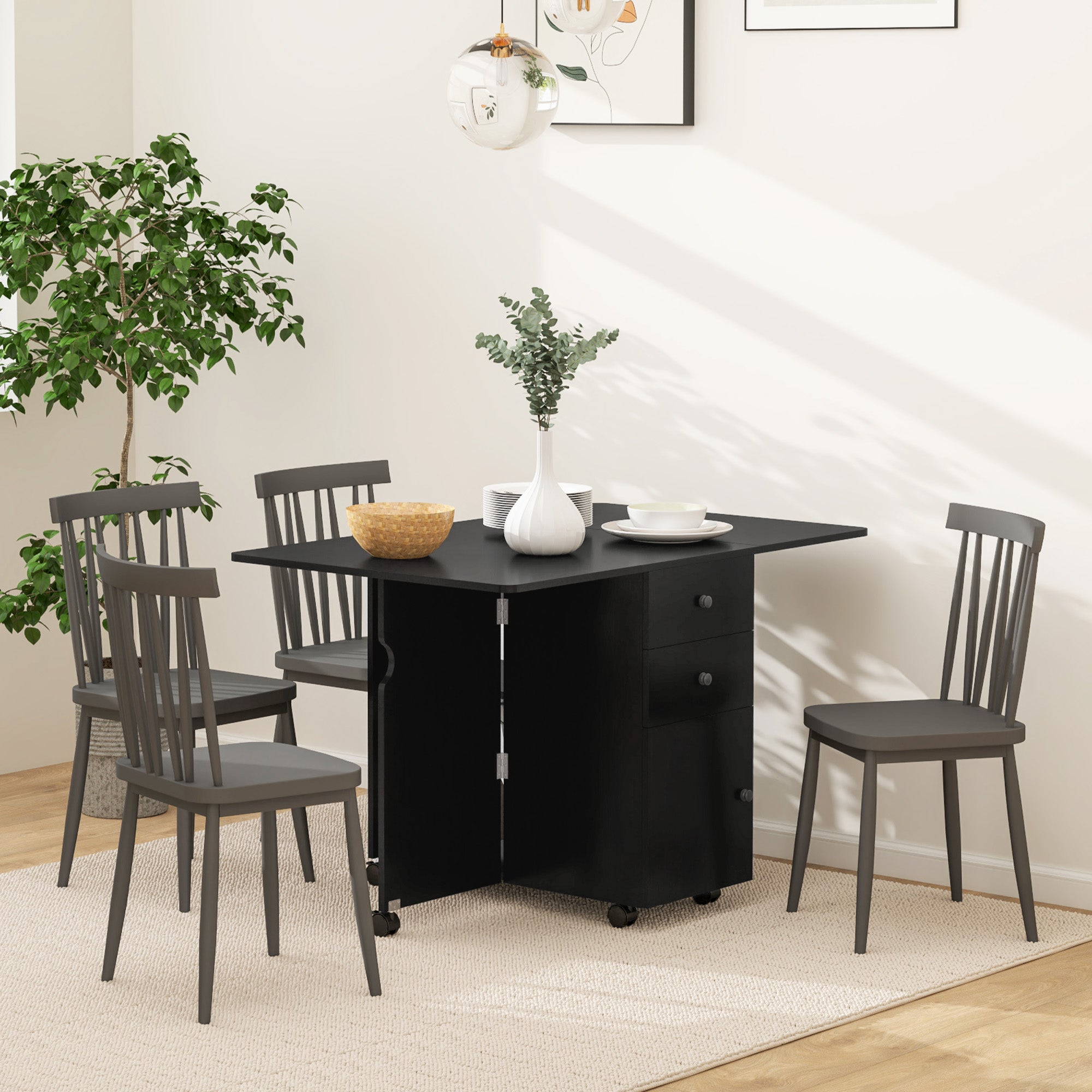 HOMCOM Folding Dining Table, Drop Leaf Table for Small Spaces with 2 Drawers, Cabinet and 6 Wheels, Small Kitchen Table, Black Wood Grain