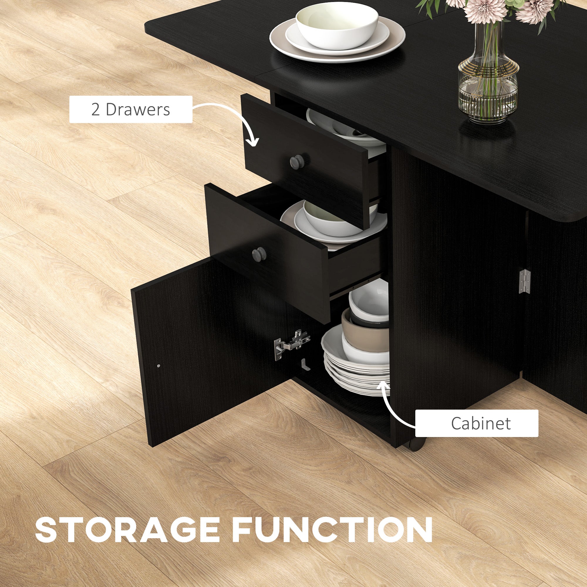 HOMCOM Folding Dining Table, Drop Leaf Table for Small Spaces with 2 Drawers, Cabinet and 6 Wheels, Small Kitchen Table, Black Wood Grain