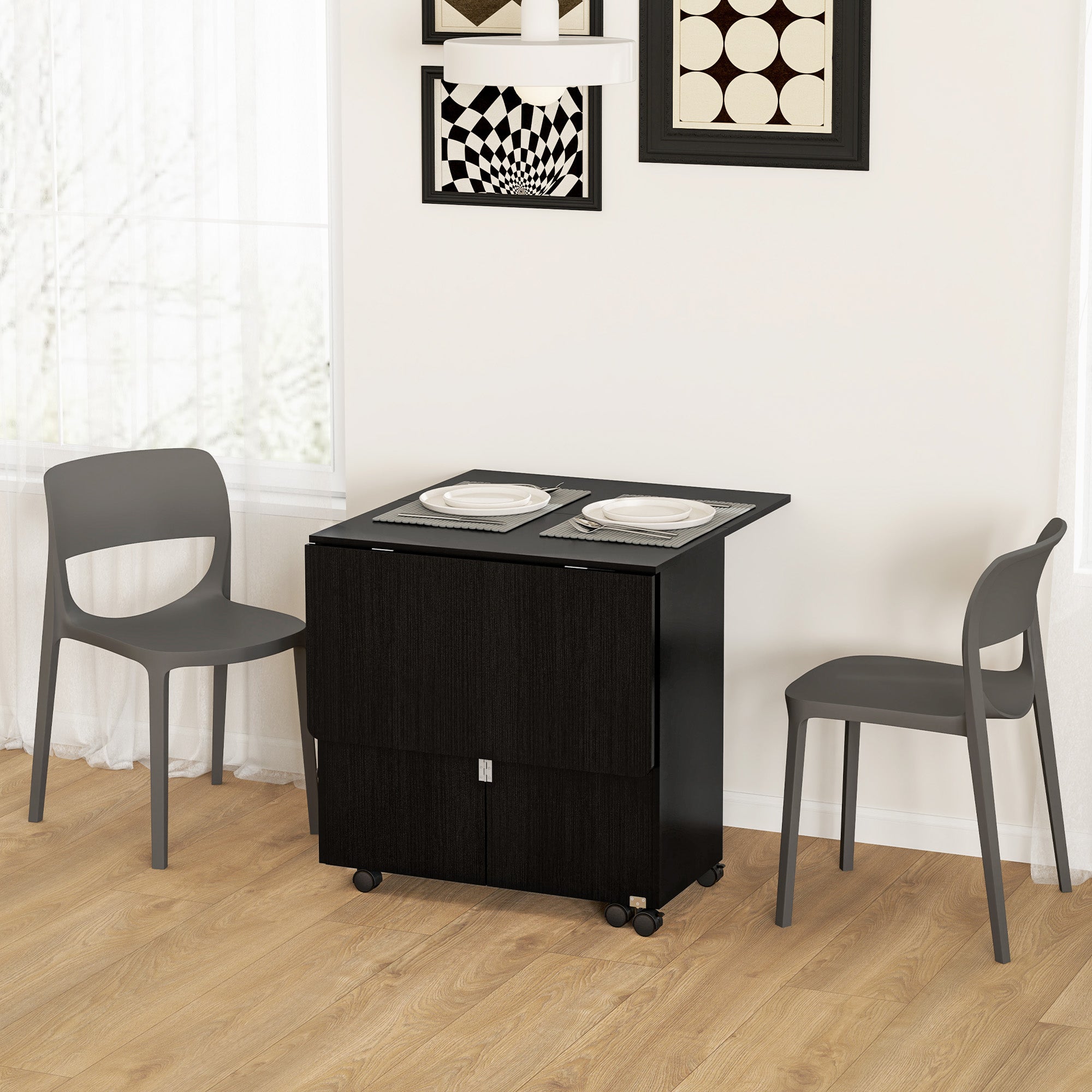 HOMCOM Folding Dining Table, Drop Leaf Table for Small Spaces with 2 Drawers, Cabinet and 6 Wheels, Small Kitchen Table, Black Wood Grain