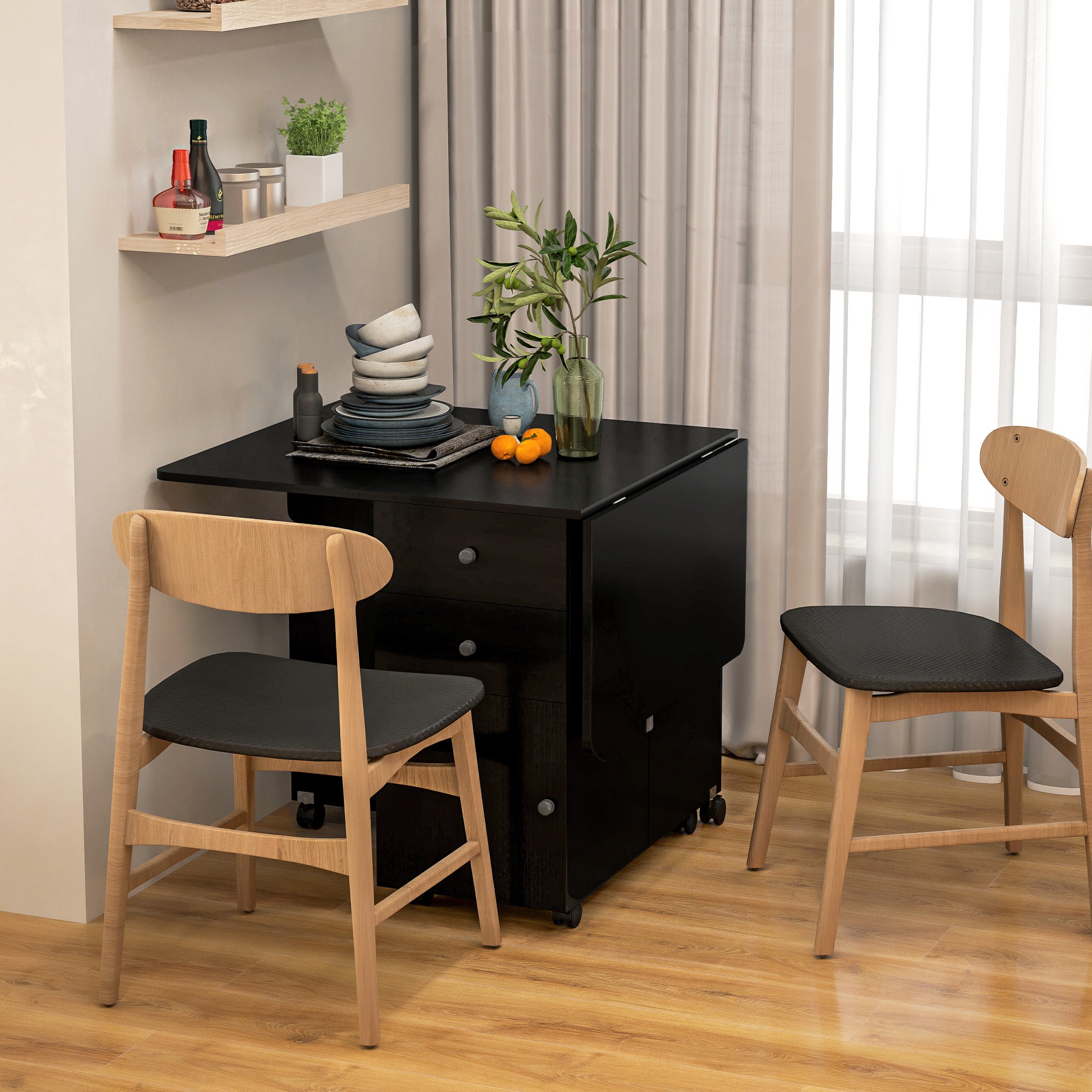 HOMCOM Folding Dining Table, Drop Leaf Table for Small Spaces with 2 Drawers, Cabinet and 6 Wheels, Small Kitchen Table, Black Wood Grain