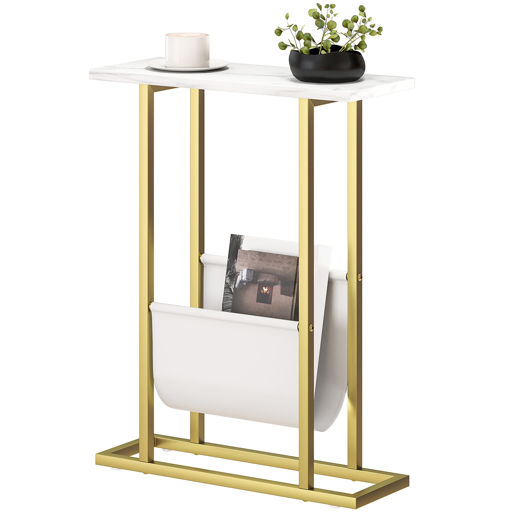 Narrow Side Table, Slim End Table with Magazine Holder, Modern Nightstand for Small Spaces, Living Room, Bedroom, 45 x 18 x 58.5 cm, White Marble Grain