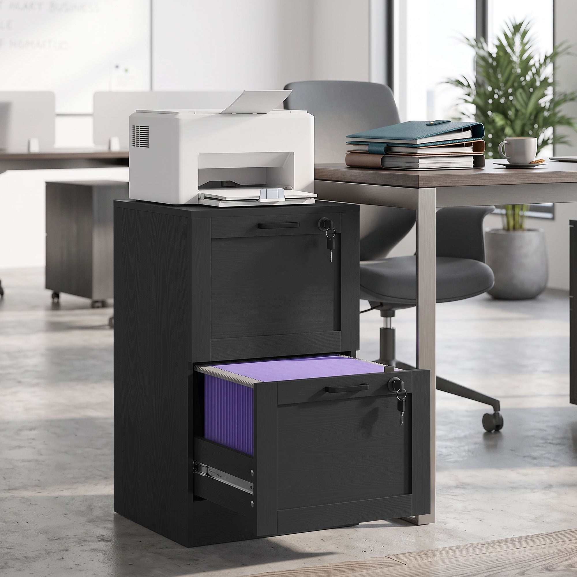 2 Drawer File Cabinet with Lock, Vertical Filing Cabinet with Adjustable Hanging Bars for A4 and Letter Size File Folders, Printer Stand with Storage, Black Wood Effect