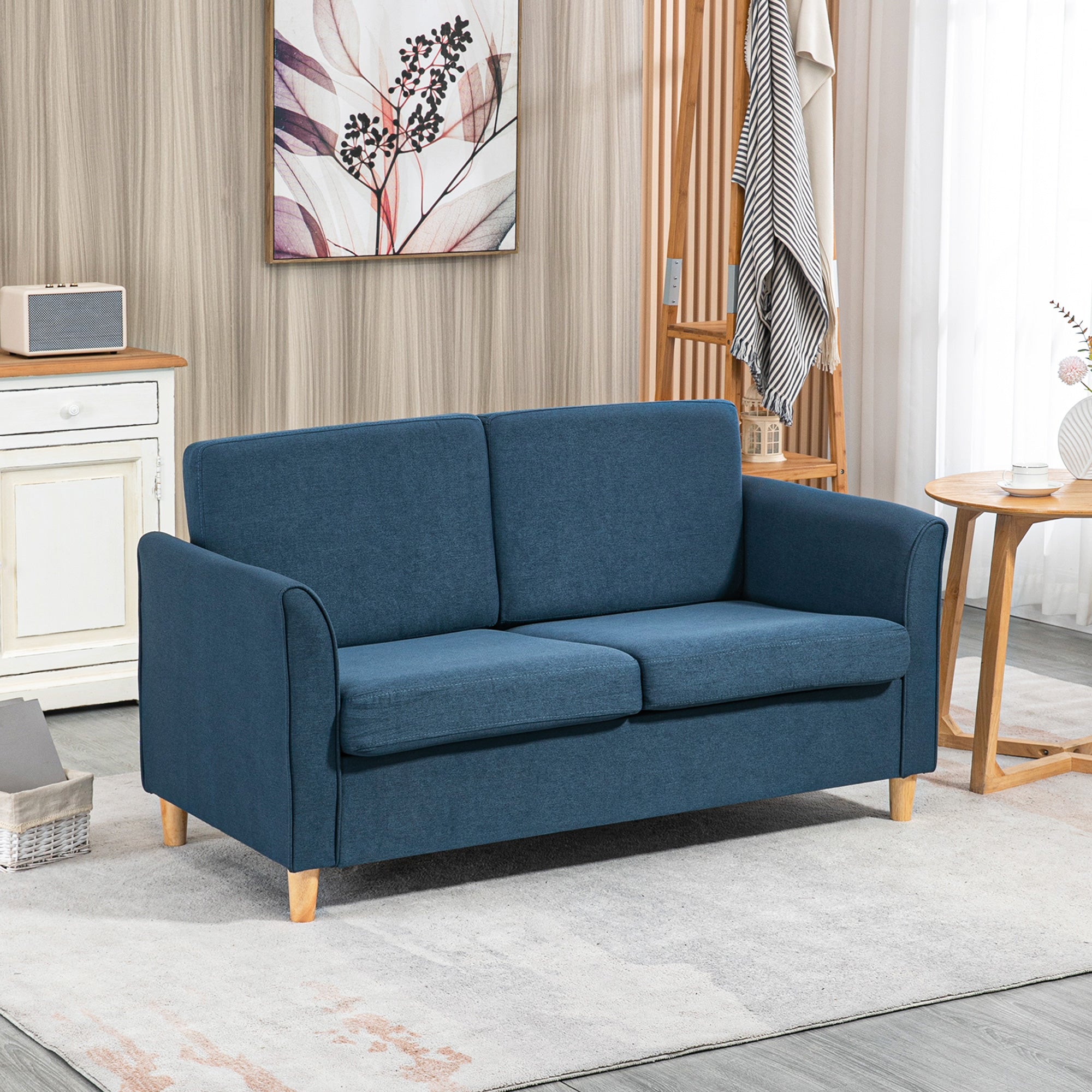 HOMCOM 56" Loveseat Sofa, Upholstered 2-Seater Couch with Armrests and Wooden Legs for Living Room, Bedroom, Blue