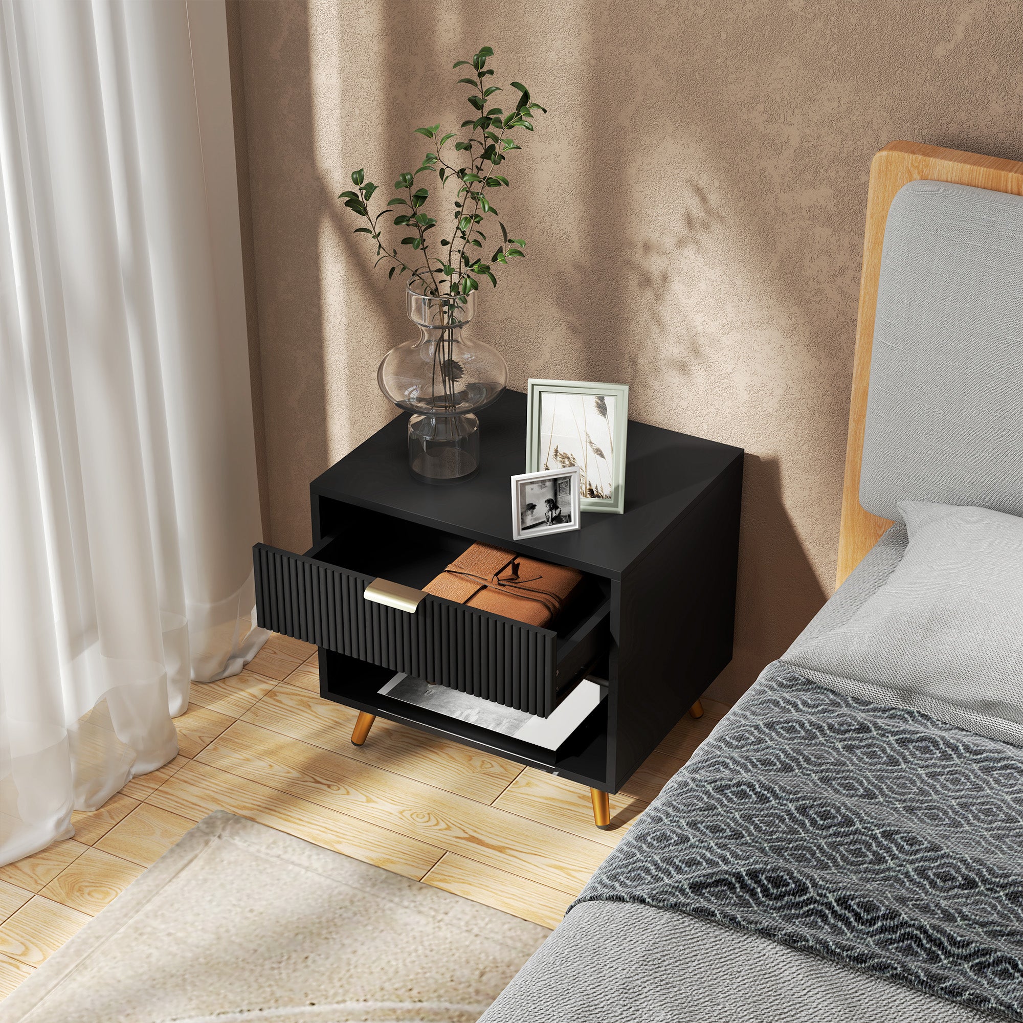 HOMCOM Nightstand with Fluted Panel, Bedside Table with Drawer and Open Compartment, Modern Night Table with Gold Metal Legs for Bedroom, Black