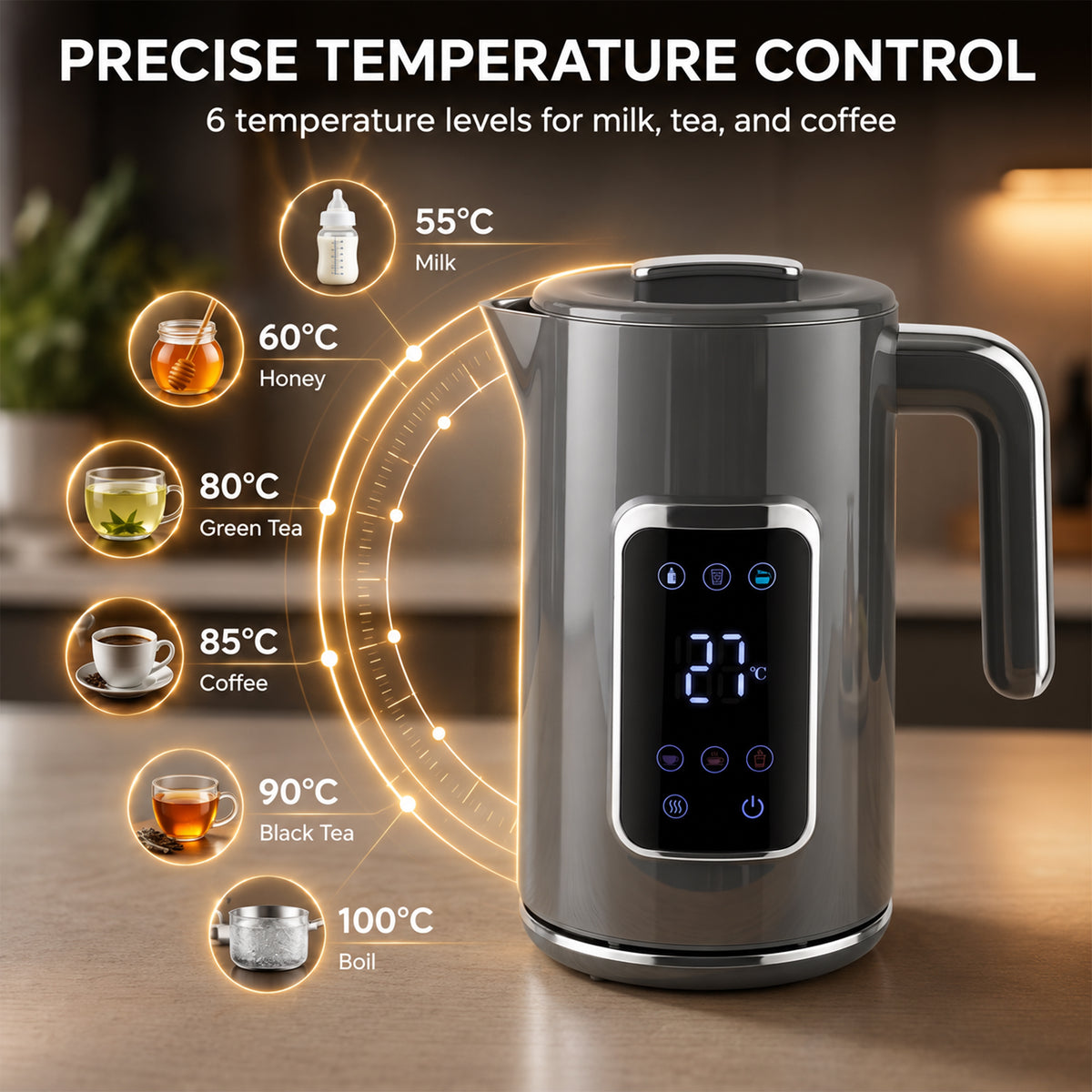 Electric Kettle, 1.7L Fast Boil 3000W Water Kettle with LED Display, Adjustable Temperature, Keep Warm Function, Auto Shut-off Boil-Dry Protection, Double-Wall, Grey