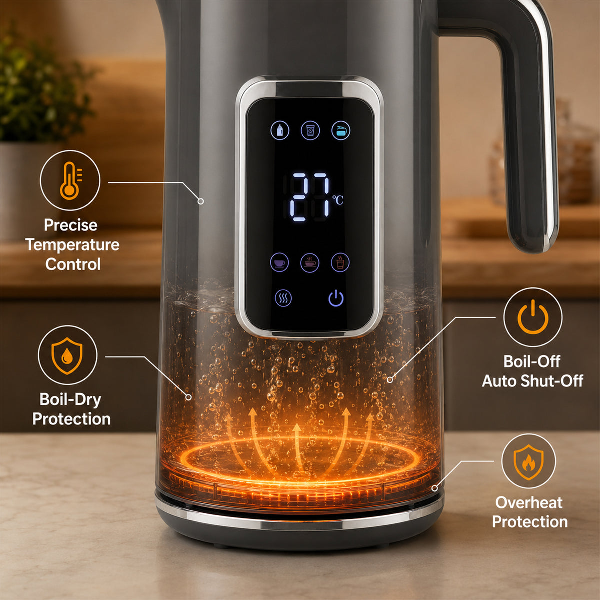 Electric Kettle, 1.7L Fast Boil 3000W Water Kettle with LED Display, Adjustable Temperature, Keep Warm Function, Auto Shut-off Boil-Dry Protection, Double-Wall, Grey