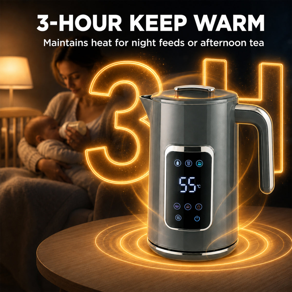 Electric Kettle, 1.7L Fast Boil 3000W Water Kettle with LED Display, Adjustable Temperature, Keep Warm Function, Auto Shut-off Boil-Dry Protection, Double-Wall, Grey