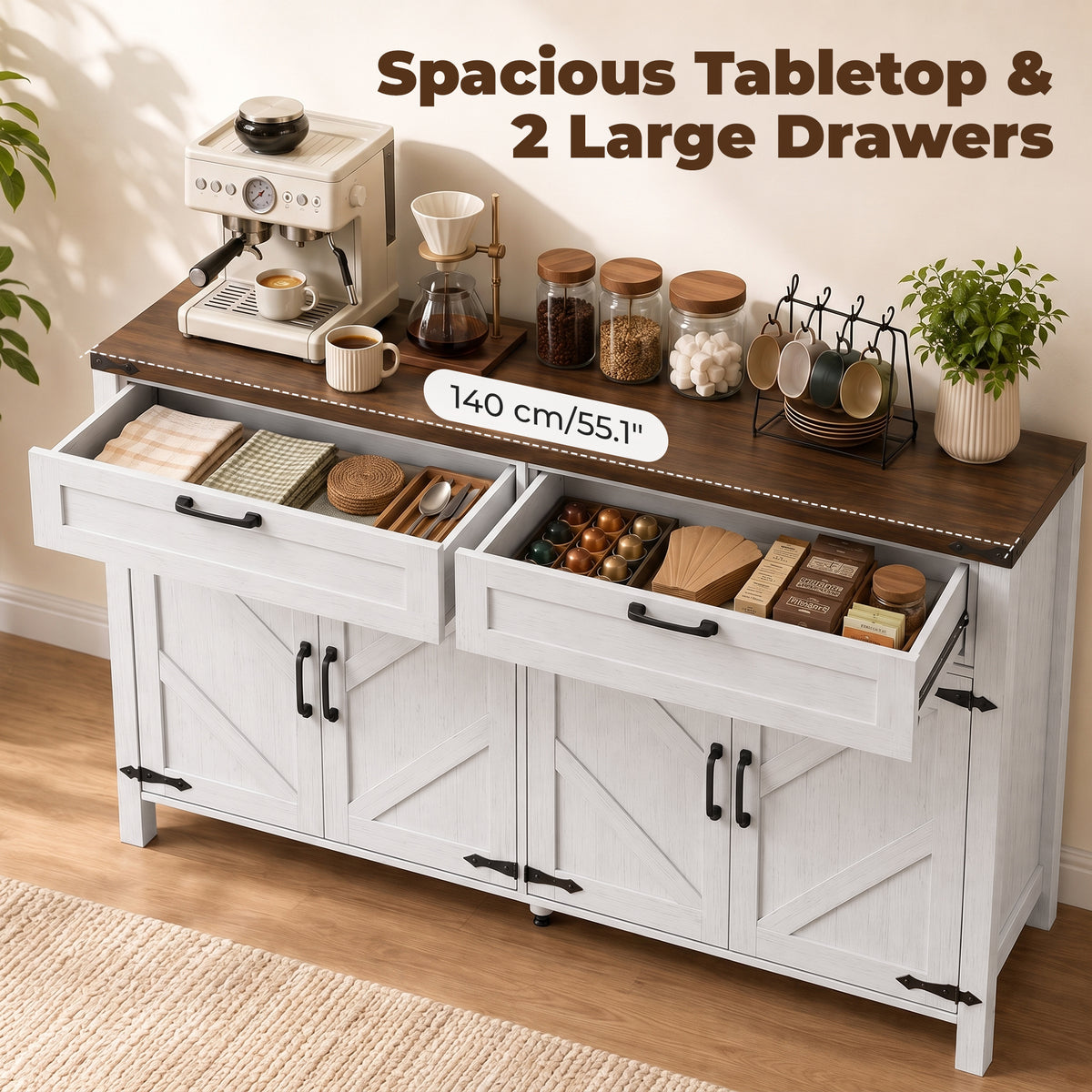 Sideboard Buffet Cabinet with Storage, 55" Large Farmhouse Kitchen Storage Cabinet with 2 Drawers and 4 Doors, Coffee Bar Station with Adjustable Shelves
