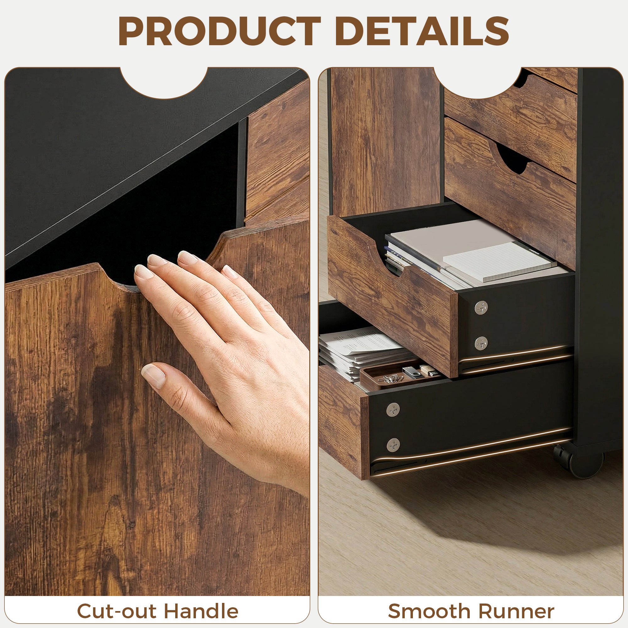 Lateral Office Storage Cabinet on Wheels, 5-Drawers Cabinet with Door and Adjustable Shelf for Home Office, Rustic Brown