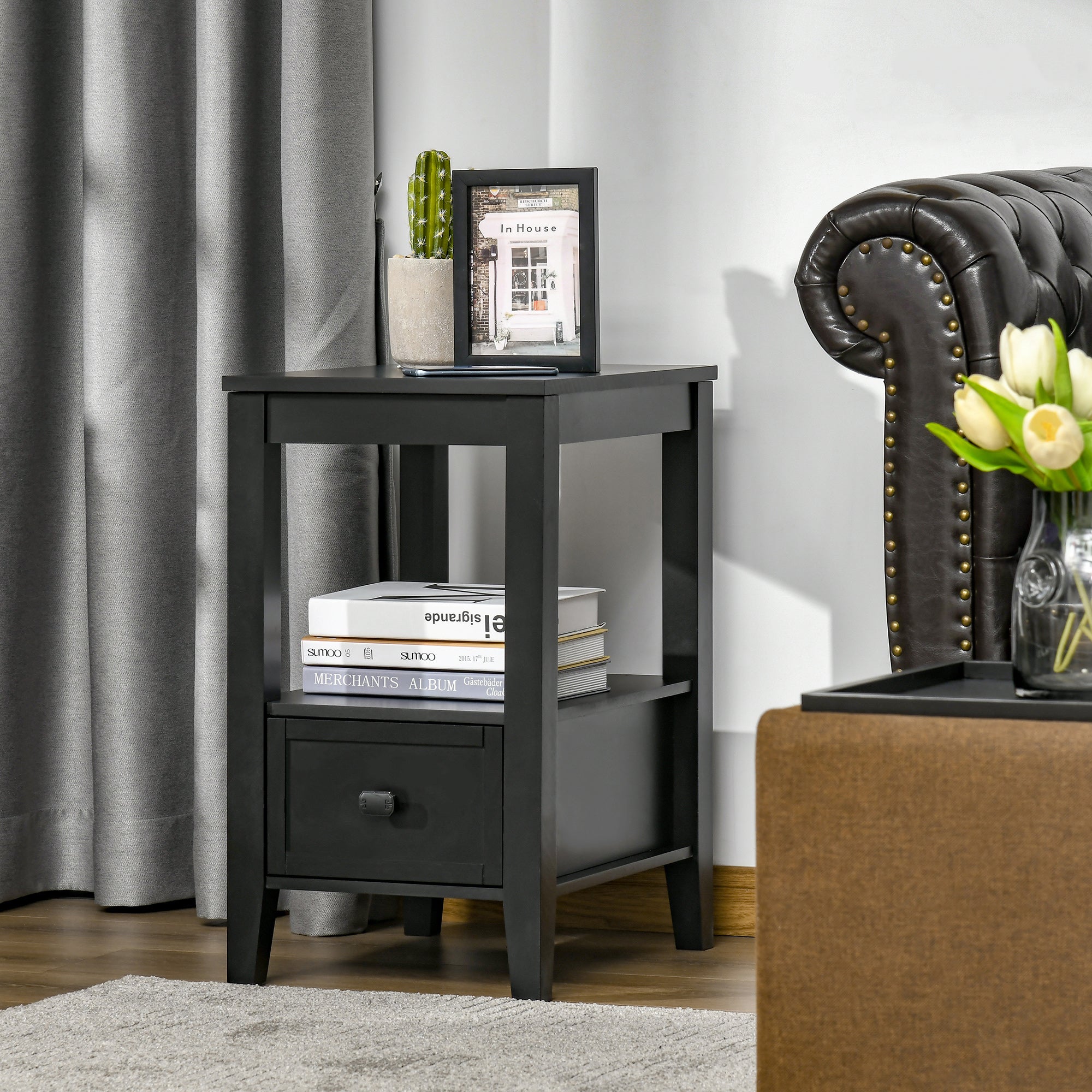 HOMCOM End Table, Sofa Side Table with Drawer and Shelf, Modern Nightstand for Bedroom, Living Room, Black