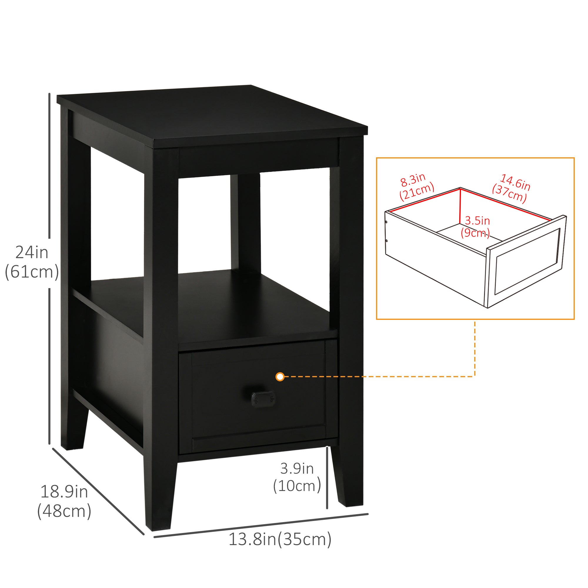 HOMCOM End Table, Sofa Side Table with Drawer and Shelf, Modern Nightstand for Bedroom, Living Room, Black