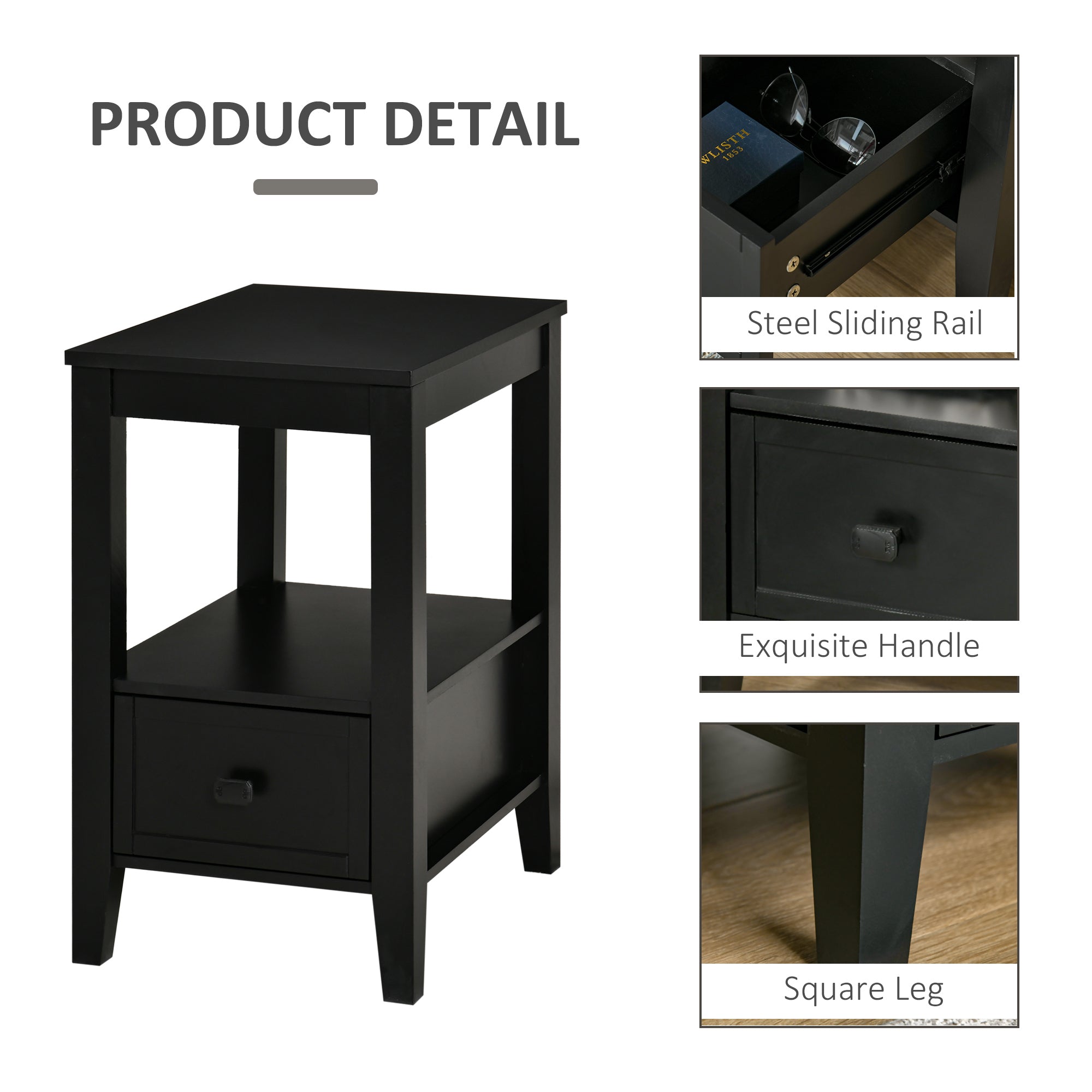 HOMCOM End Table, Sofa Side Table with Drawer and Shelf, Modern Nightstand for Bedroom, Living Room, Black