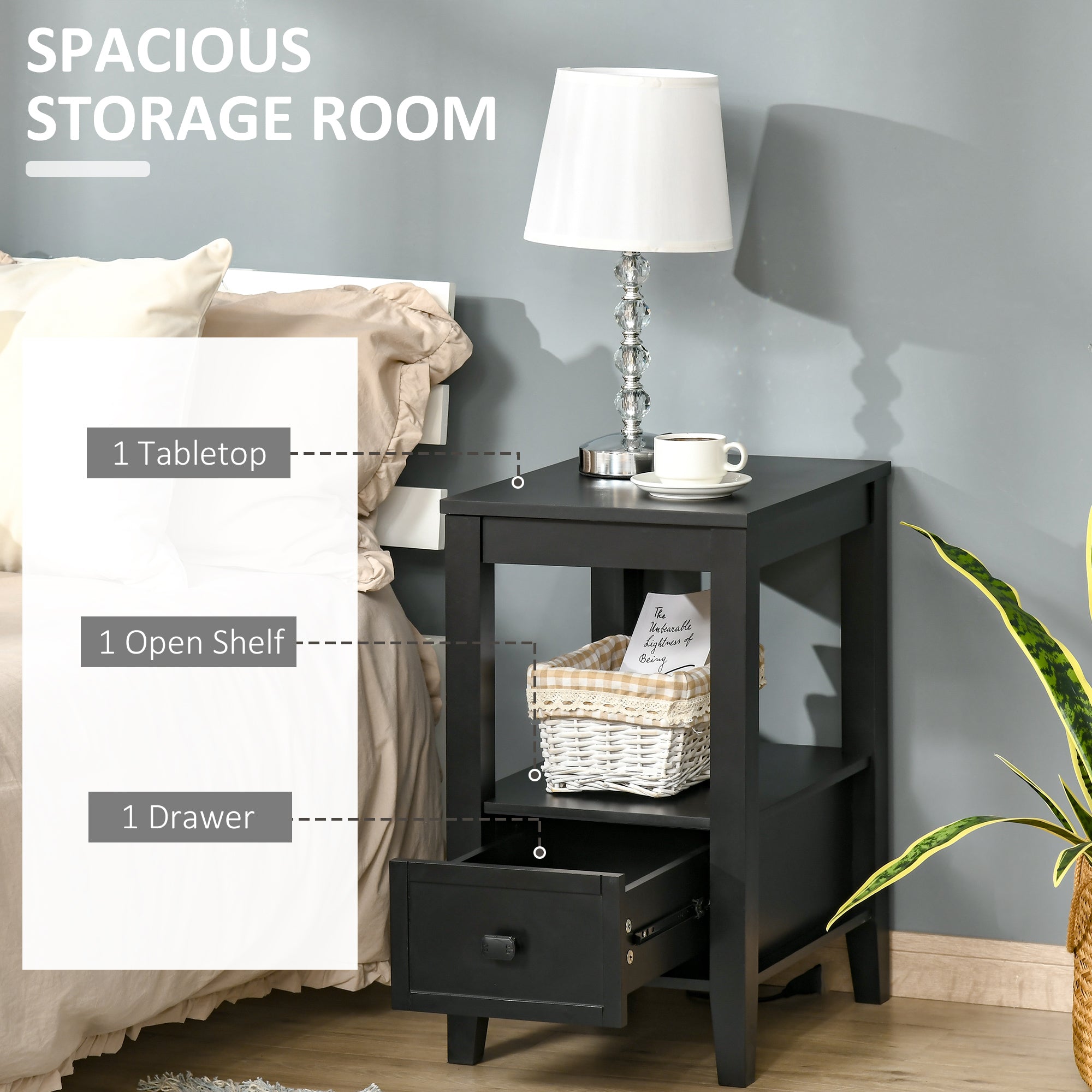 HOMCOM End Table, Sofa Side Table with Drawer and Shelf, Modern Nightstand for Bedroom, Living Room, Black