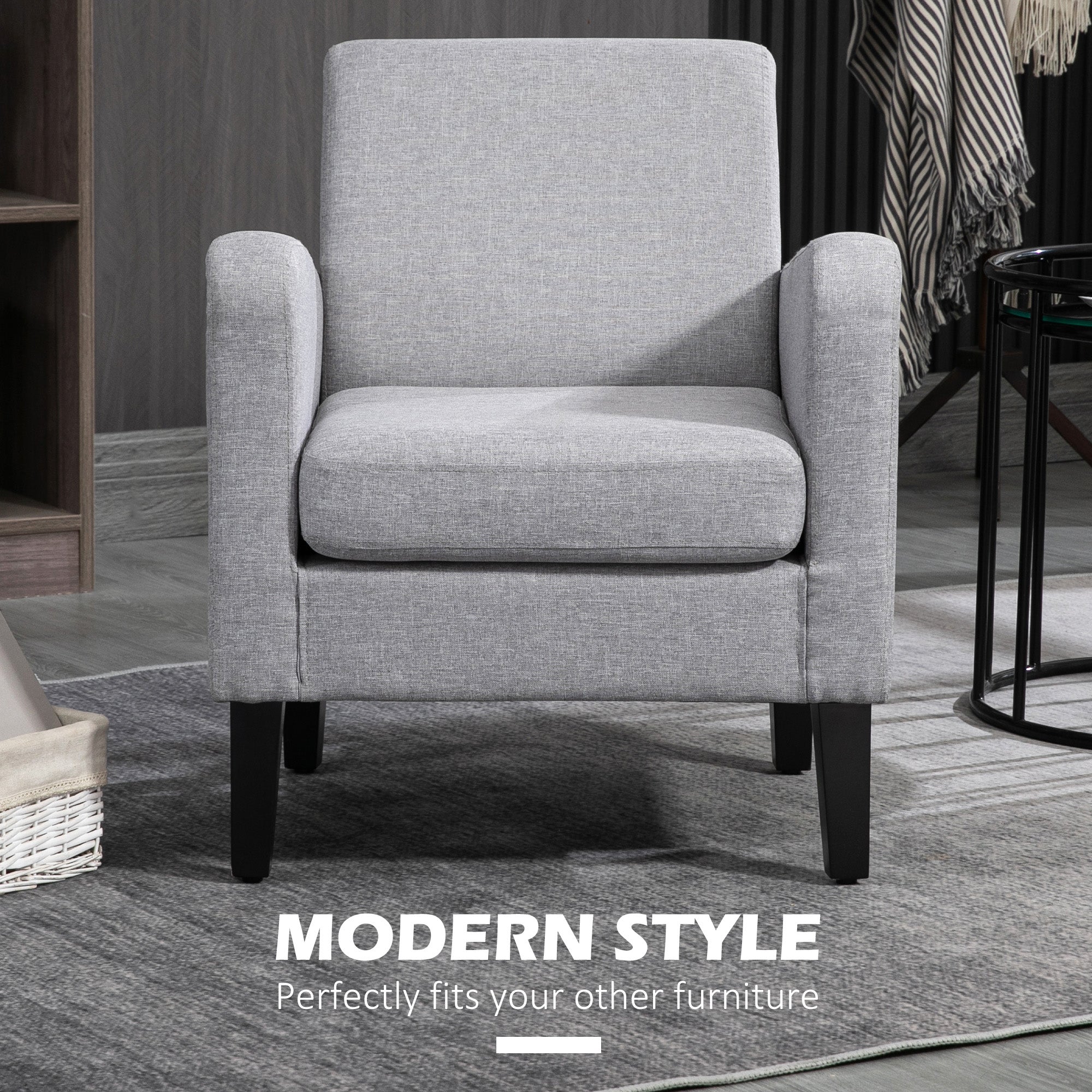 HOMCOM Modern Armchair with Rubber Wood Legs, Upholstered Accent Chair, Single Sofa for Living Room, Bedroom, Light Grey