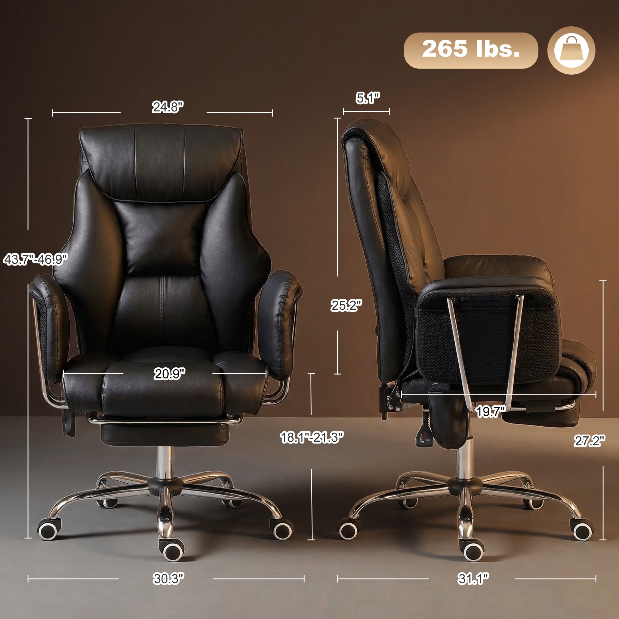 Massage Office Chair with 6-Point Vibration, Overstuffed Reclining Desk Chair with High Back, PU Leather, Footrest, Thick Spring Cushion, Lumbar Support, Adjustable Height, Swivel Wheels, Black