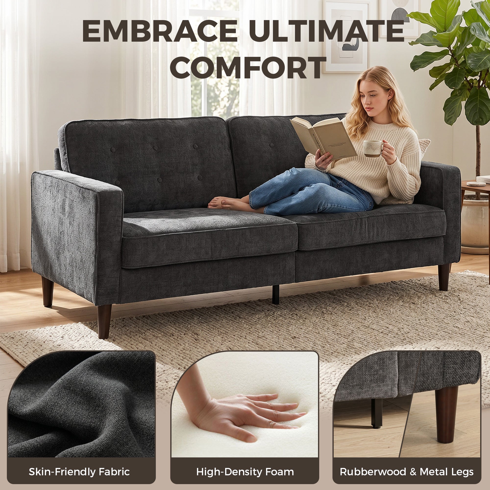 3 Seater Sofa, Upholstered Couch for Bedroom, Modern Sofa Settee with Padded Cushion, Button Tufting and Wood Legs for Living Room, Dark Grey