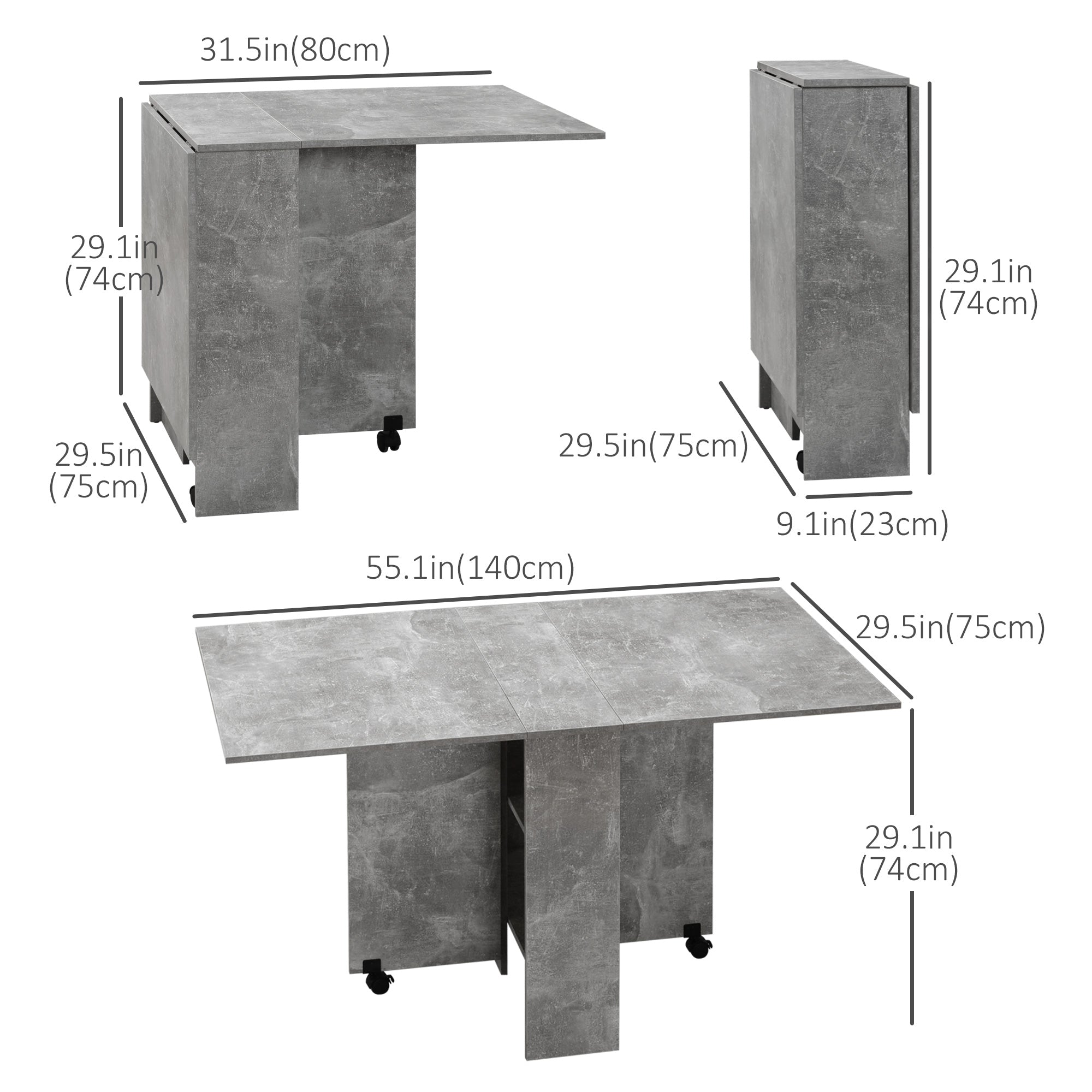 HOMCOM Folding Dining Table, Drop Leaf Table for Small Spaces with 2-tier Shelves, Small Kitchen Table with Rolling Casters, Grey