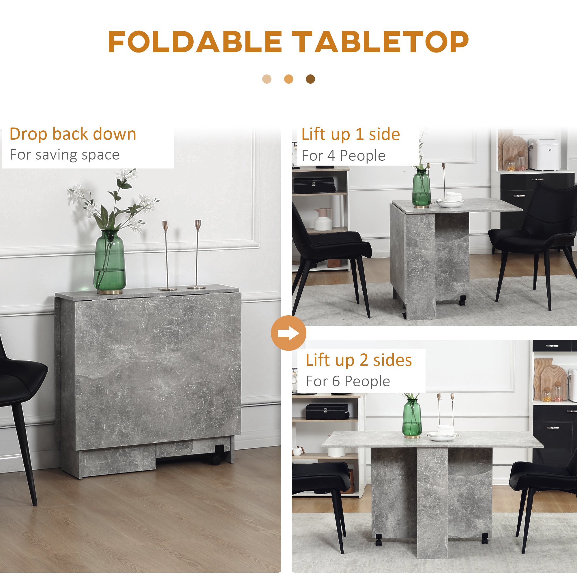 HOMCOM Folding Dining Table, Drop Leaf Table for Small Spaces with 2-tier Shelves, Small Kitchen Table with Rolling Casters, Cement Grey
