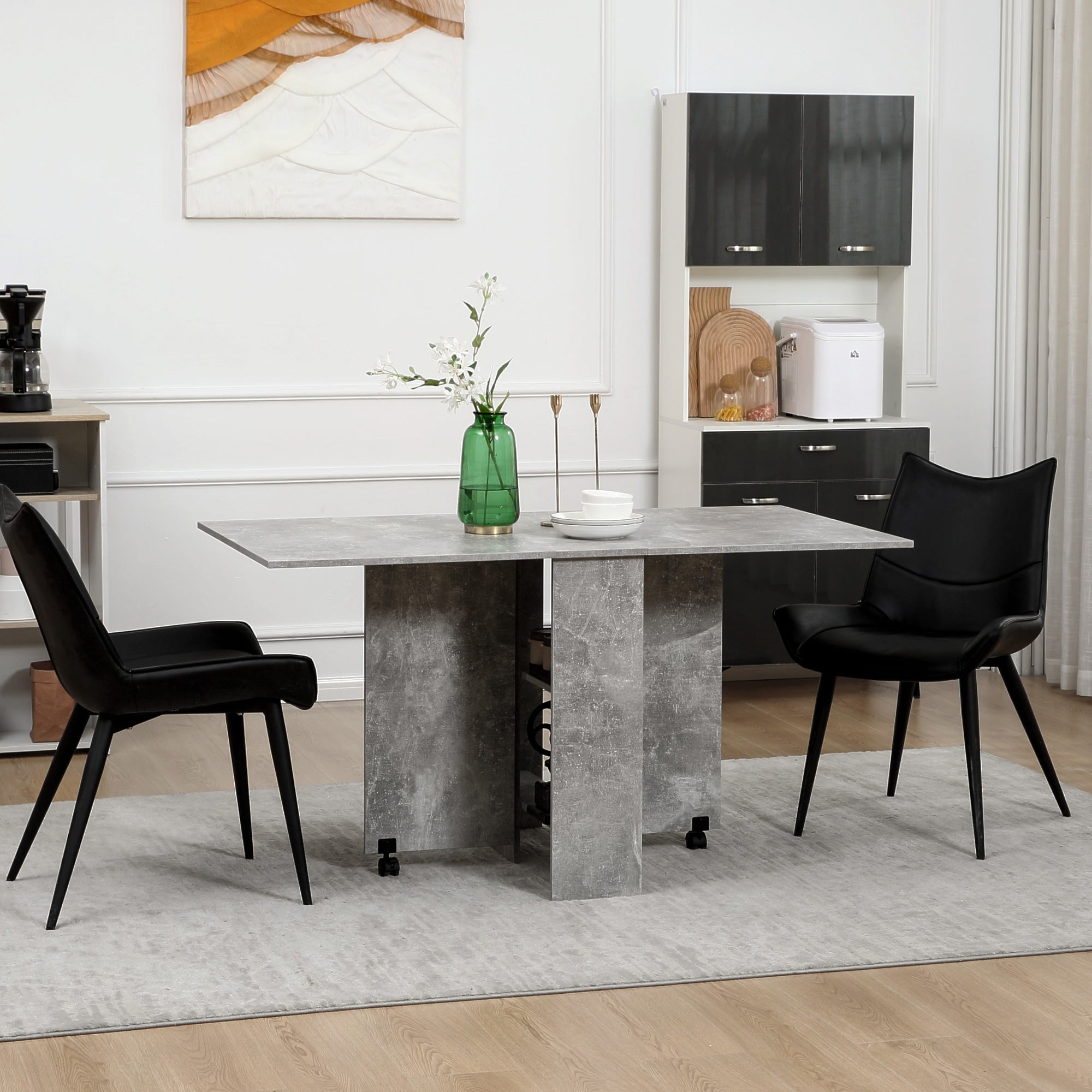 HOMCOM Folding Dining Table, Drop Leaf Table for Small Spaces with 2-tier Shelves, Small Kitchen Table with Rolling Casters, Cement Grey
