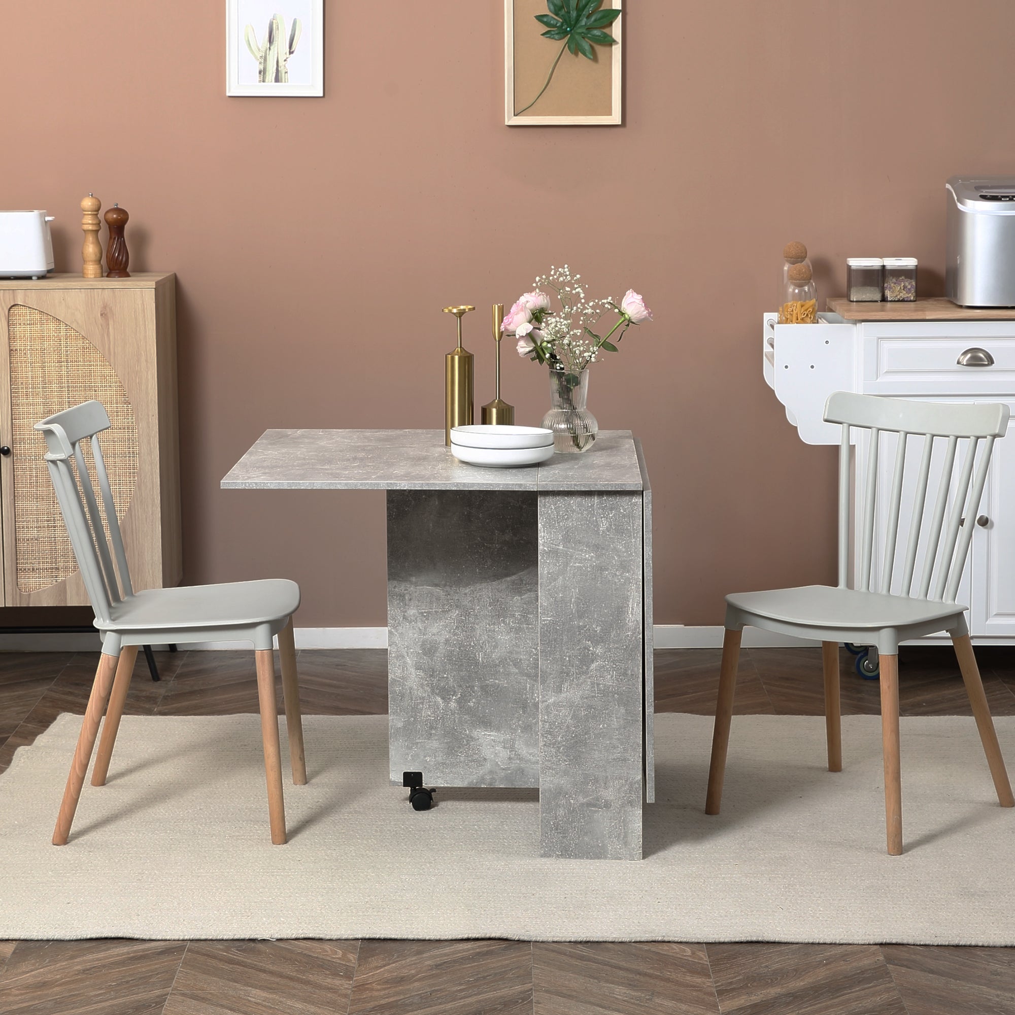 HOMCOM Folding Dining Table, Drop Leaf Table for Small Spaces with 2-tier Shelves, Small Kitchen Table with Rolling Casters, Cement Grey