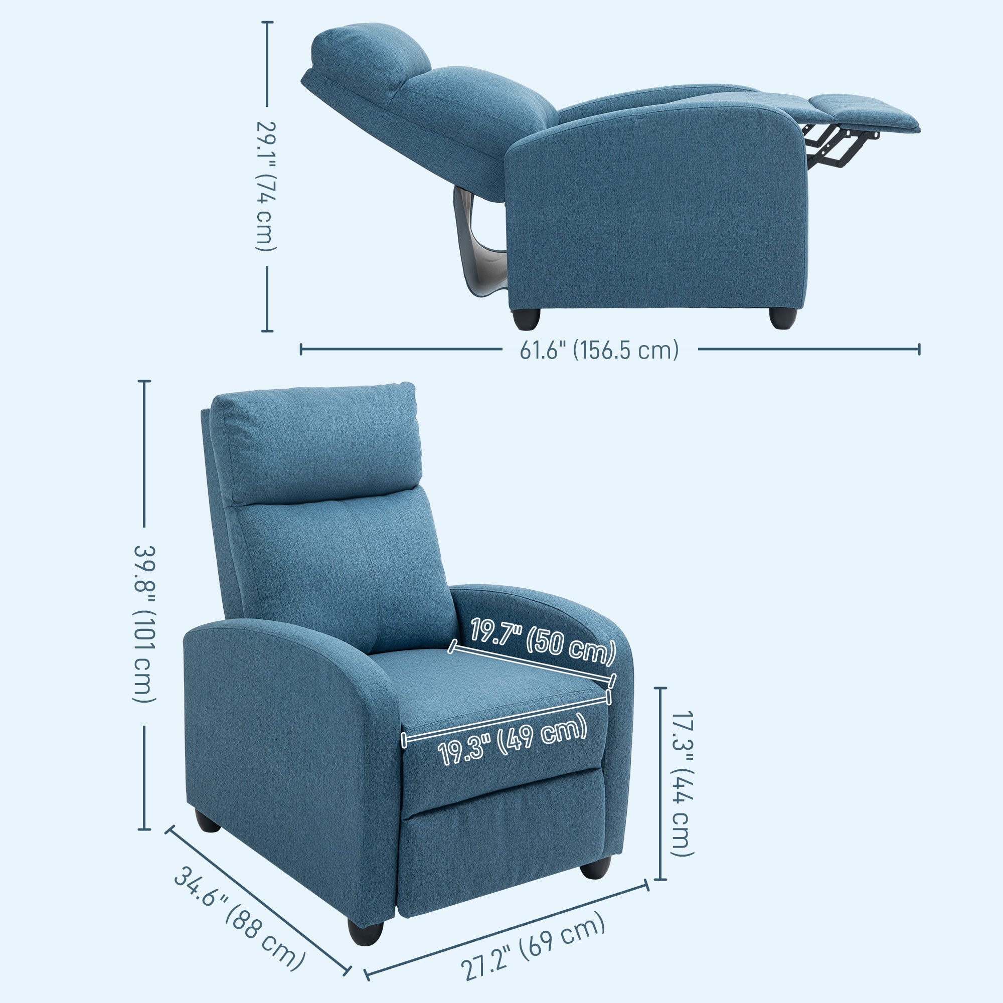 HOMCOM Push Back Recliner Chair, Fabric Home Theater Seating, Single Reclining Sofa Chair with Padded Seat for Living Room, Blue