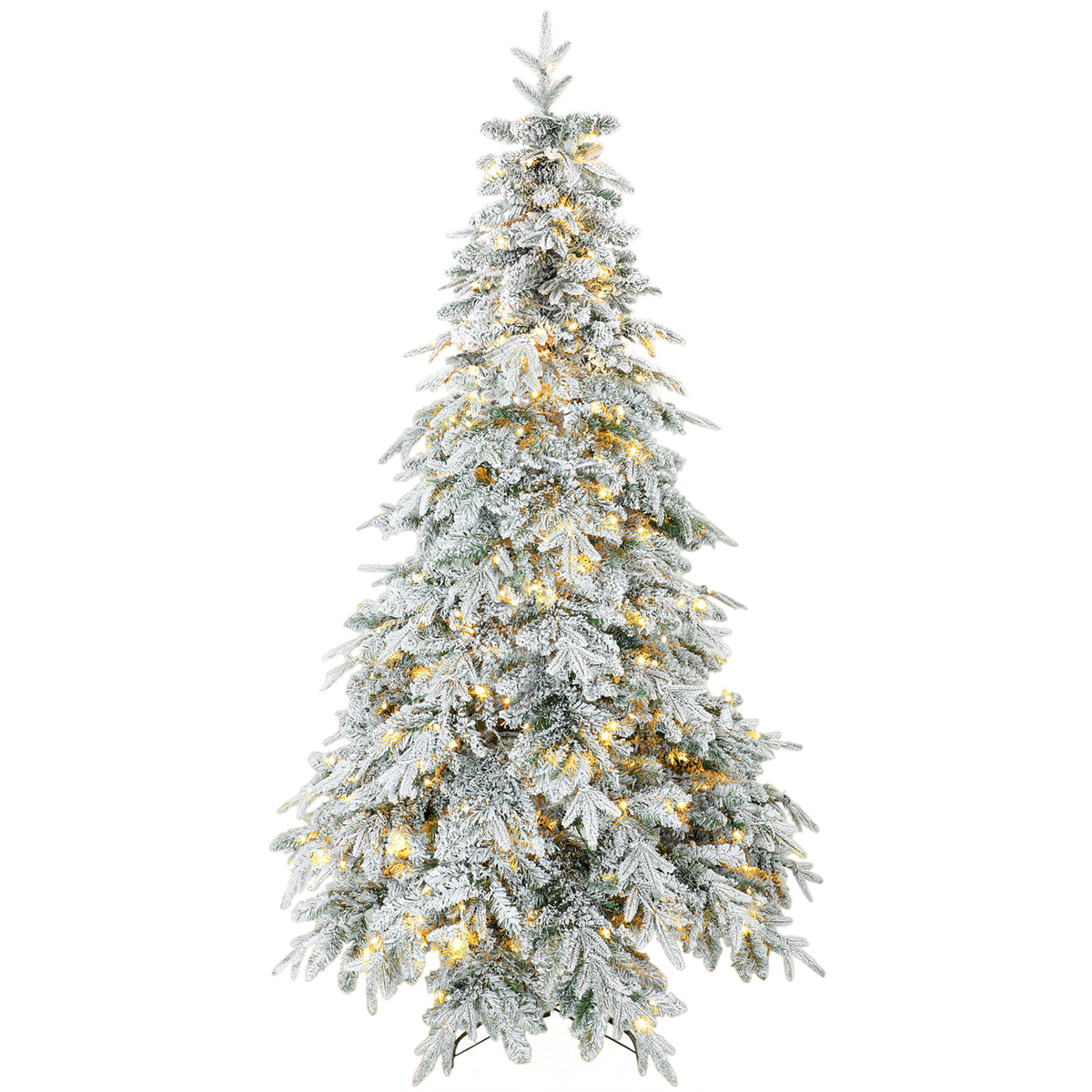 7ft Prelit Flocked Christmas Tree, Artificial Downswept Hinged Xmas Tree with 450 Warm White LED Lights, 8 Modes, Daily Timer, 1080 Tips, Remote, Steel Stand, Green White