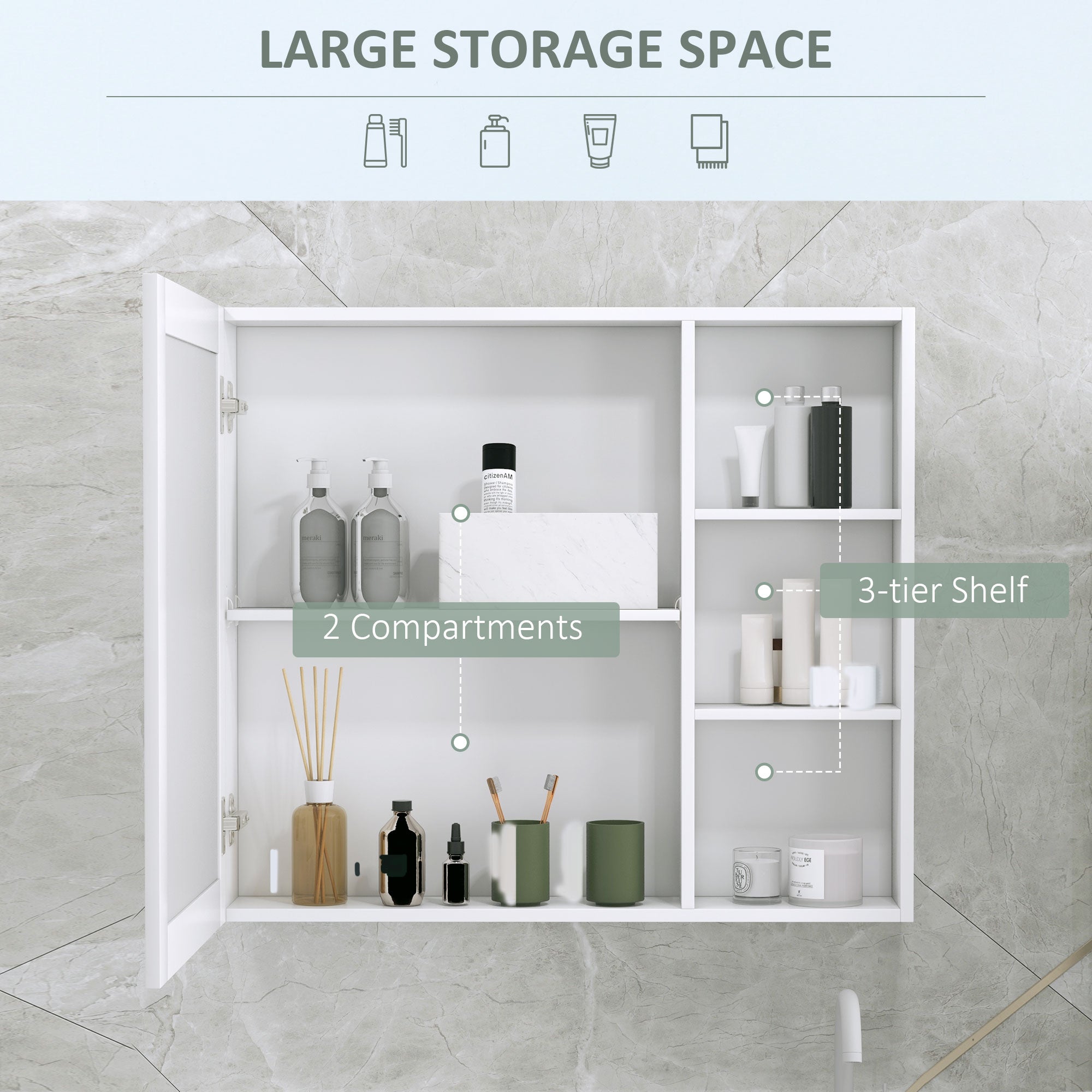 kleankin MDF Medicine Cabinet with Mirror, 31.5"W x 27.5"H Bathroom Storage Cabinet with 3-tier Shelves, Wall Mounted, White