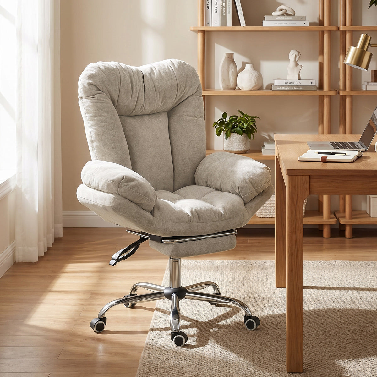 Criss Cross Office Chair with Footrest, Swivel Wheels, Wide Task Desk Chair with Overstuffed Reclining Backrest, Waterfall Arms, Adjustable Height, Cross Legged, Light Grey