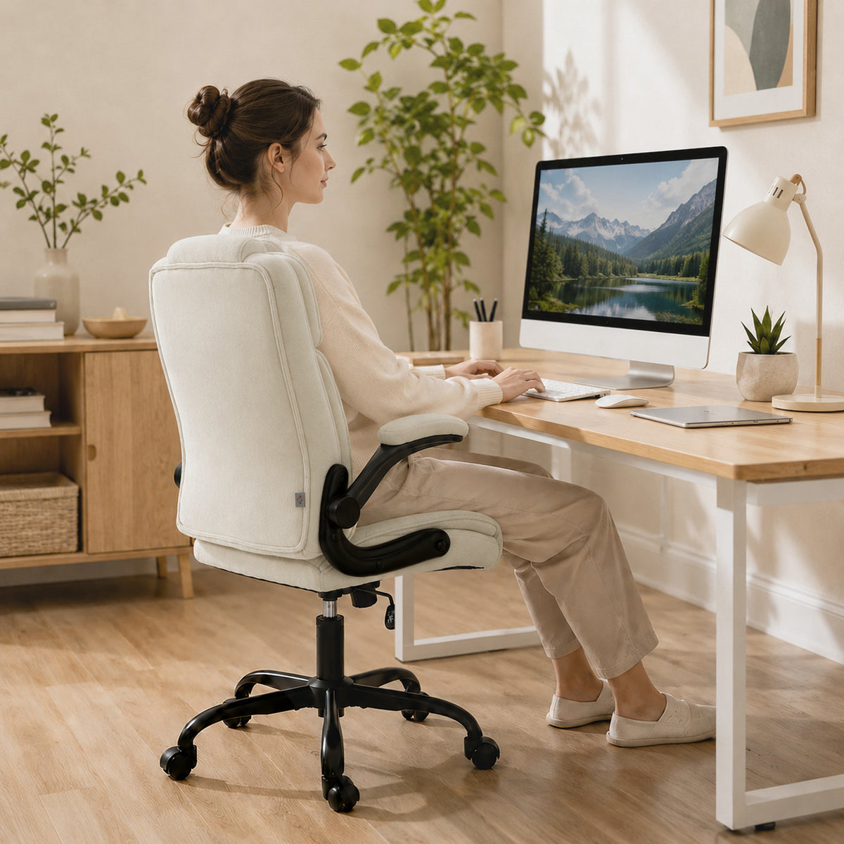 Office Chair, Ergonomic Executive Desk Chair with Padded Flip-up Armrest, Pocket Springs, Swivel Wheels, Multiple Angle Rocking, Adjustable Height, Diamond Fabric for Home Office, Beige