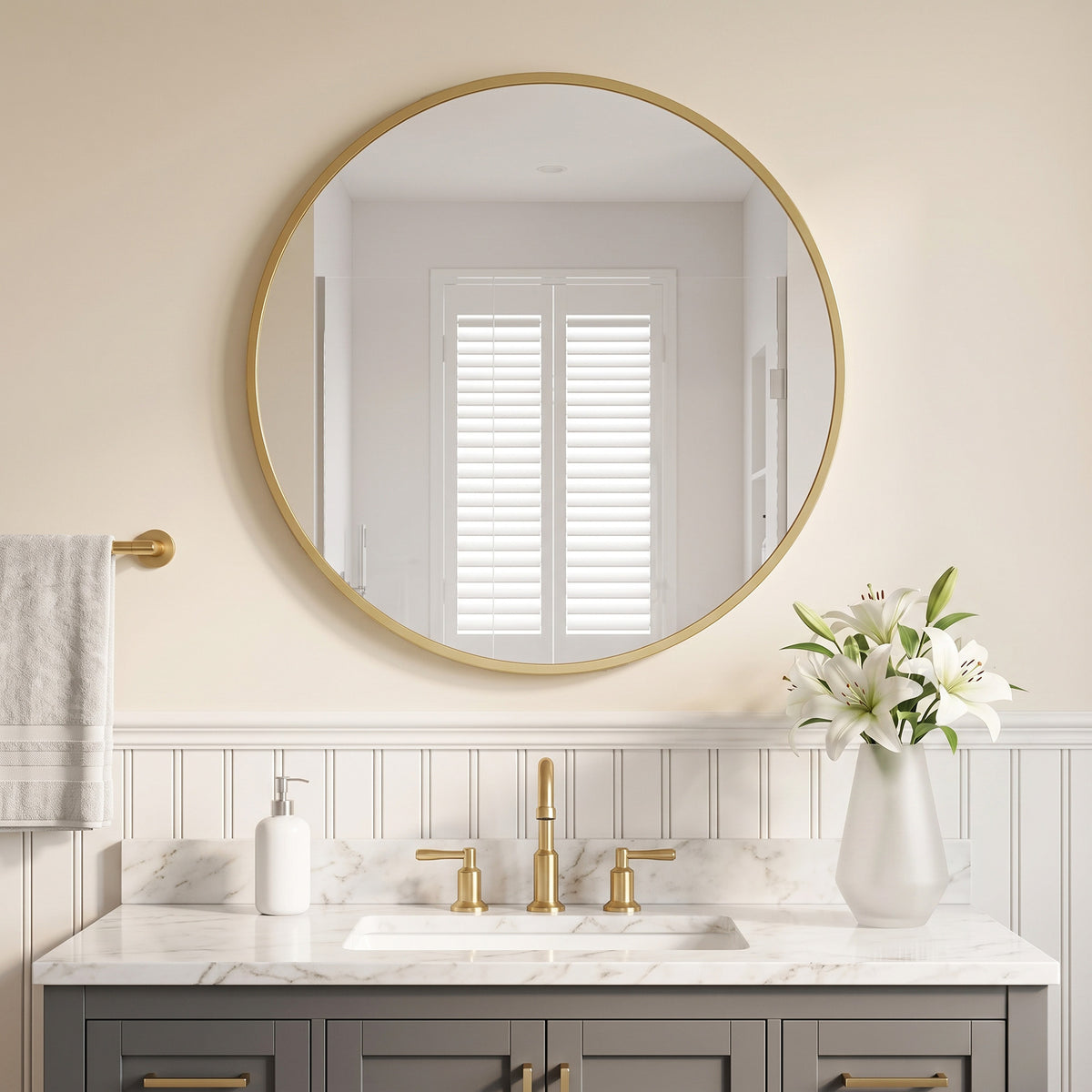 24" Round Wall Mirror, Bathroom Mirror with Metal Frame for Living Room, Bedroom, Entryway, Home Decor, Gold-Tone