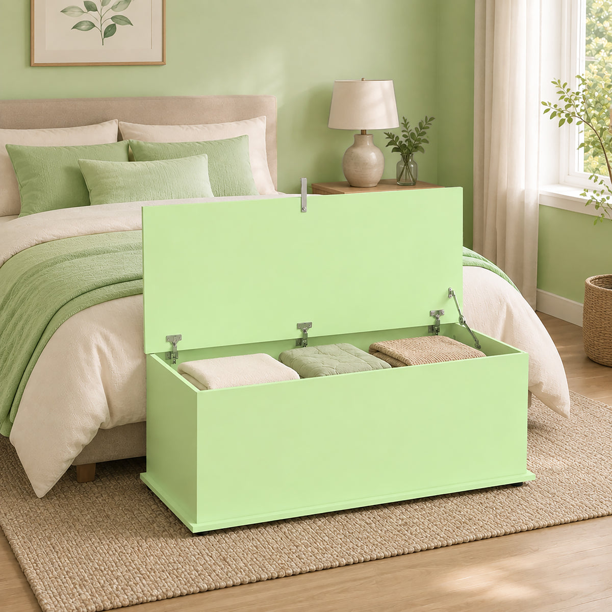 Storage Chest, Large 114L Blanket Box, Shoe Bench with Safety Hinged Lid, Storage Trunk, Bed End Bench for Bedroom, Hallway, Living room, Playroom, 100 x 40 x 40cm, Green
