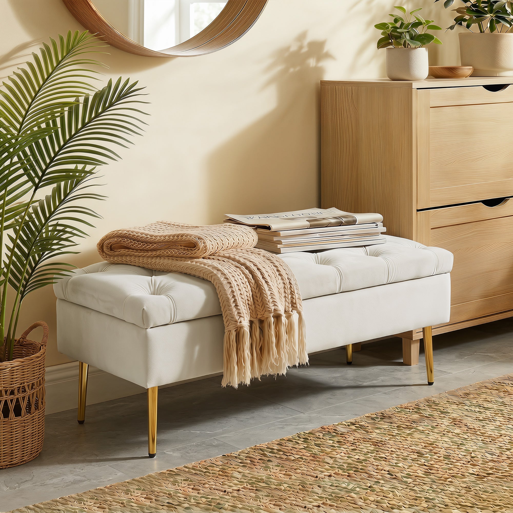 Upholstered Bedroom Bench with Gold Tone Metal Legs, Velvet Button-Tufted Storage Bench, Bench Seat with Thick Padding, Ottoman Bench for Living Room, Hallway, Beige