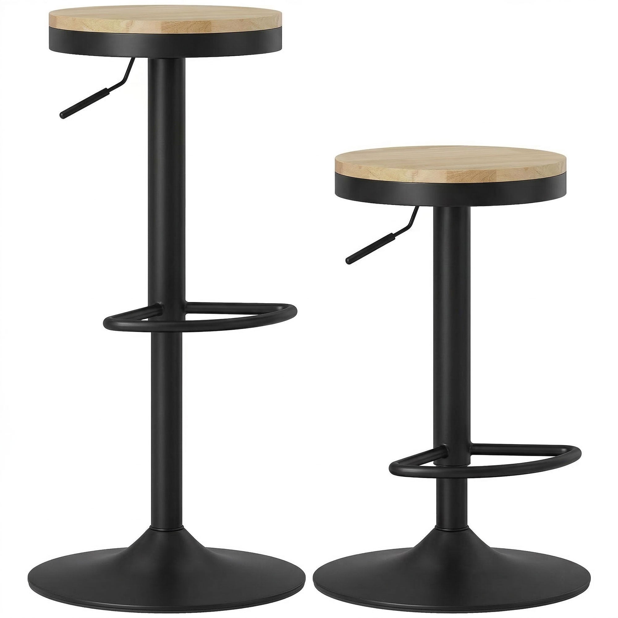 Wooden Bar Stools Set of 2, Adjustable Swivel Barstools with Rubber Wood Seat, Modern Bar Chairs for Kitchen Counter, Breakfast Island, Natural Wood and Black