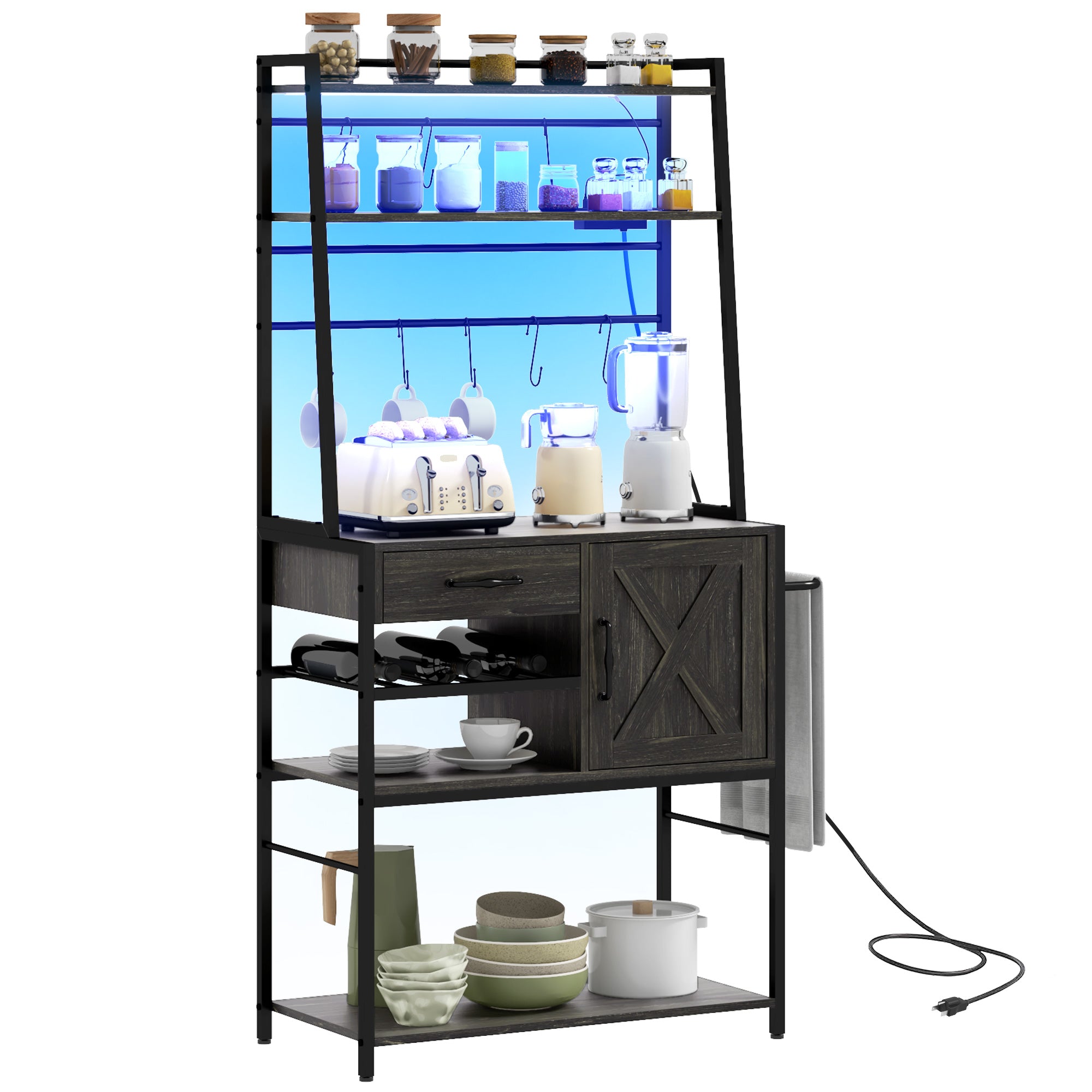 Industrial Kitchen Shelves with Charging Station and LED Lights Storage Rack with Barn Door Gray