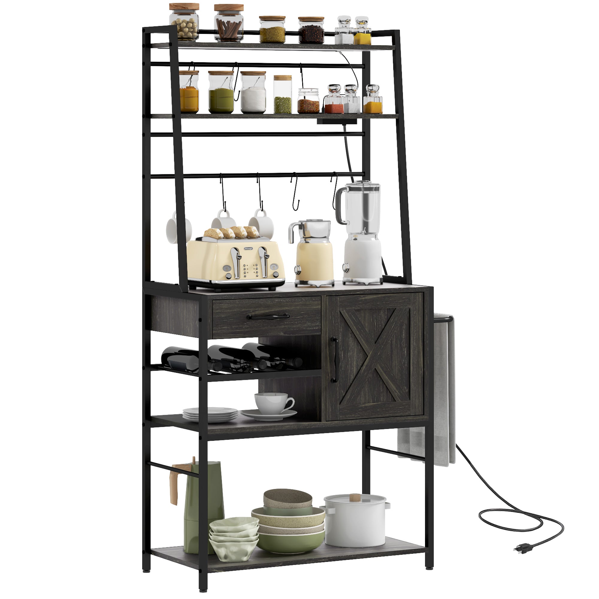 Industrial Kitchen Shelves with Charging Station and LED Lights Storage Rack with Barn Door Gray