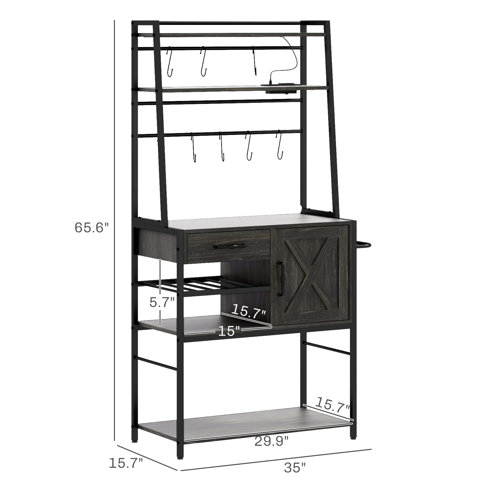 Industrial Kitchen Shelves with Charging Station and LED Lights Storage Rack with Barn Door Gray