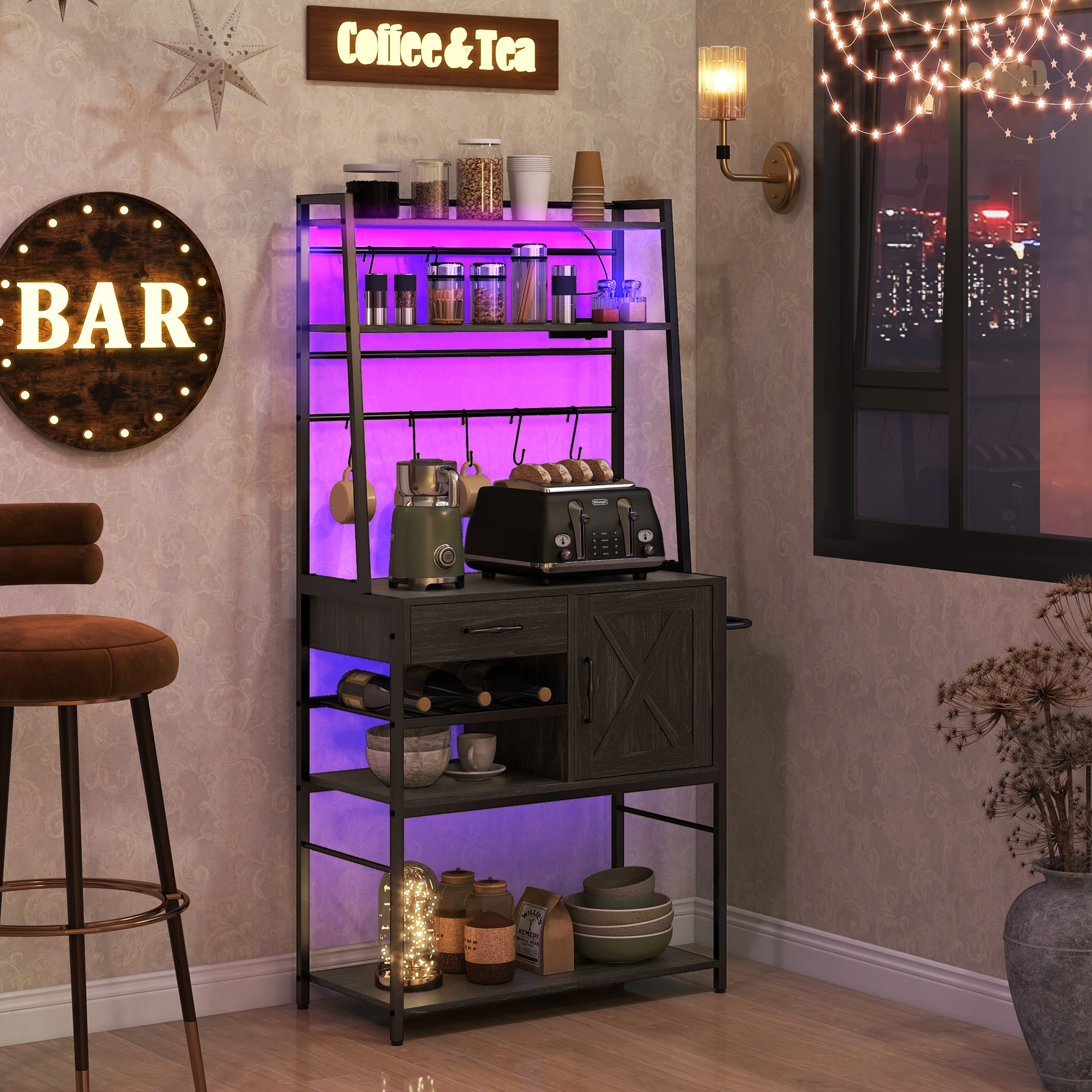 Industrial Kitchen Shelves with Charging Station and LED Lights Storage Rack with Barn Door Gray