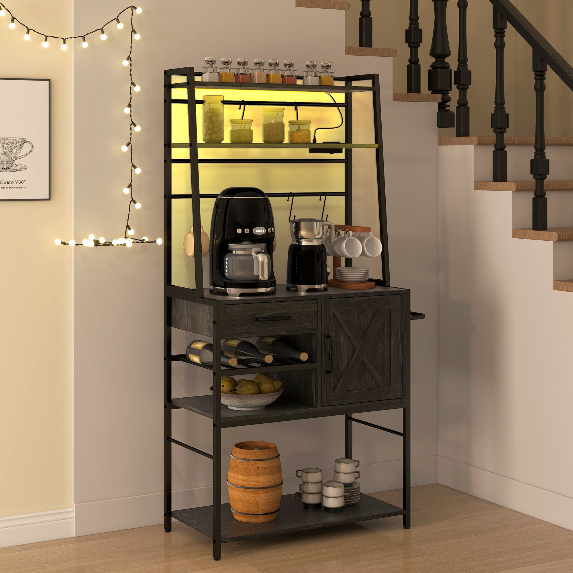 Industrial Kitchen Shelves with Charging Station and LED Lights Storage Rack with Barn Door Gray